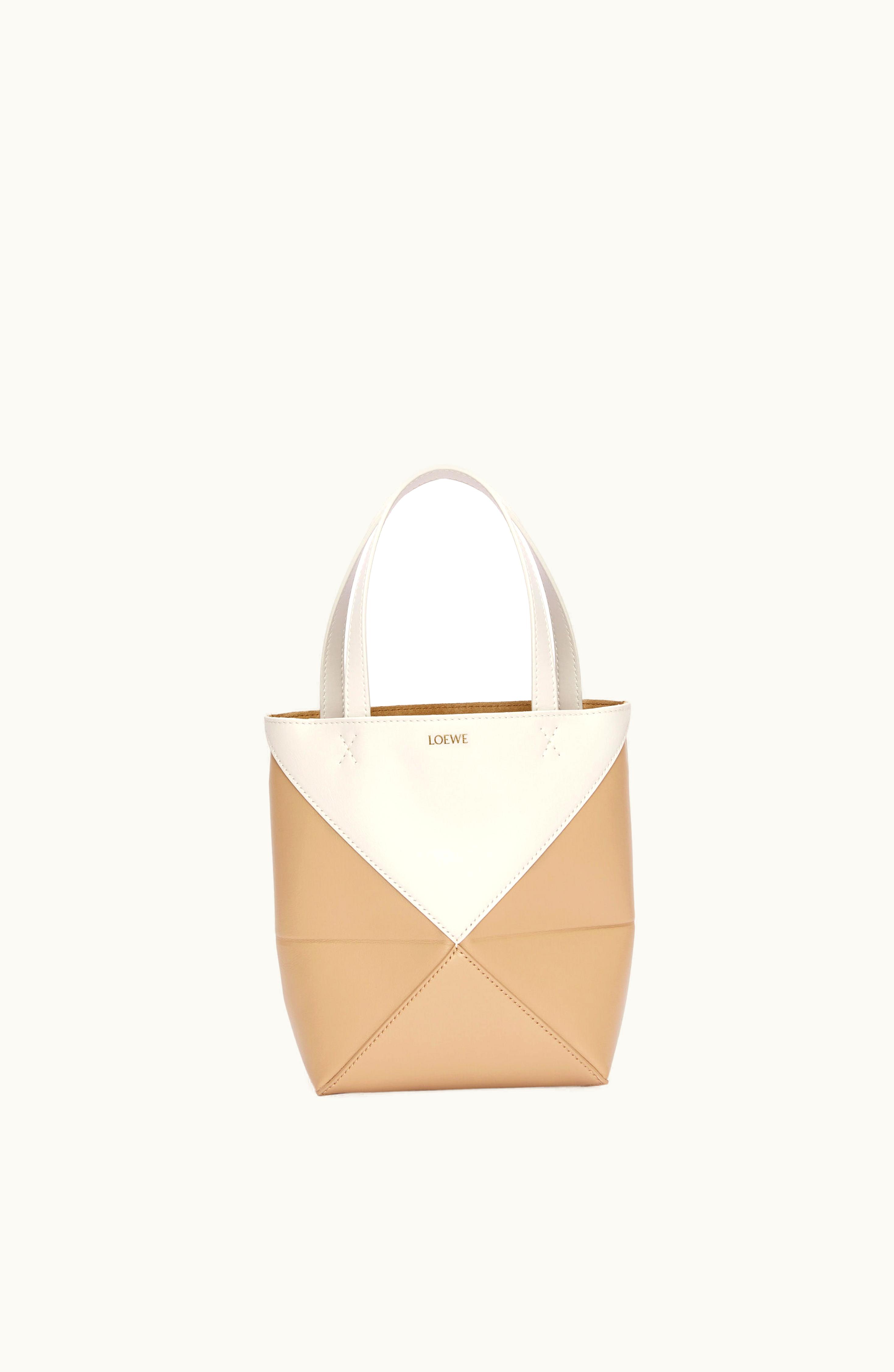 Loewe Loewe Mini Puzzle Fold Tote In Shiny Calfskin Soft White / Paper Craft