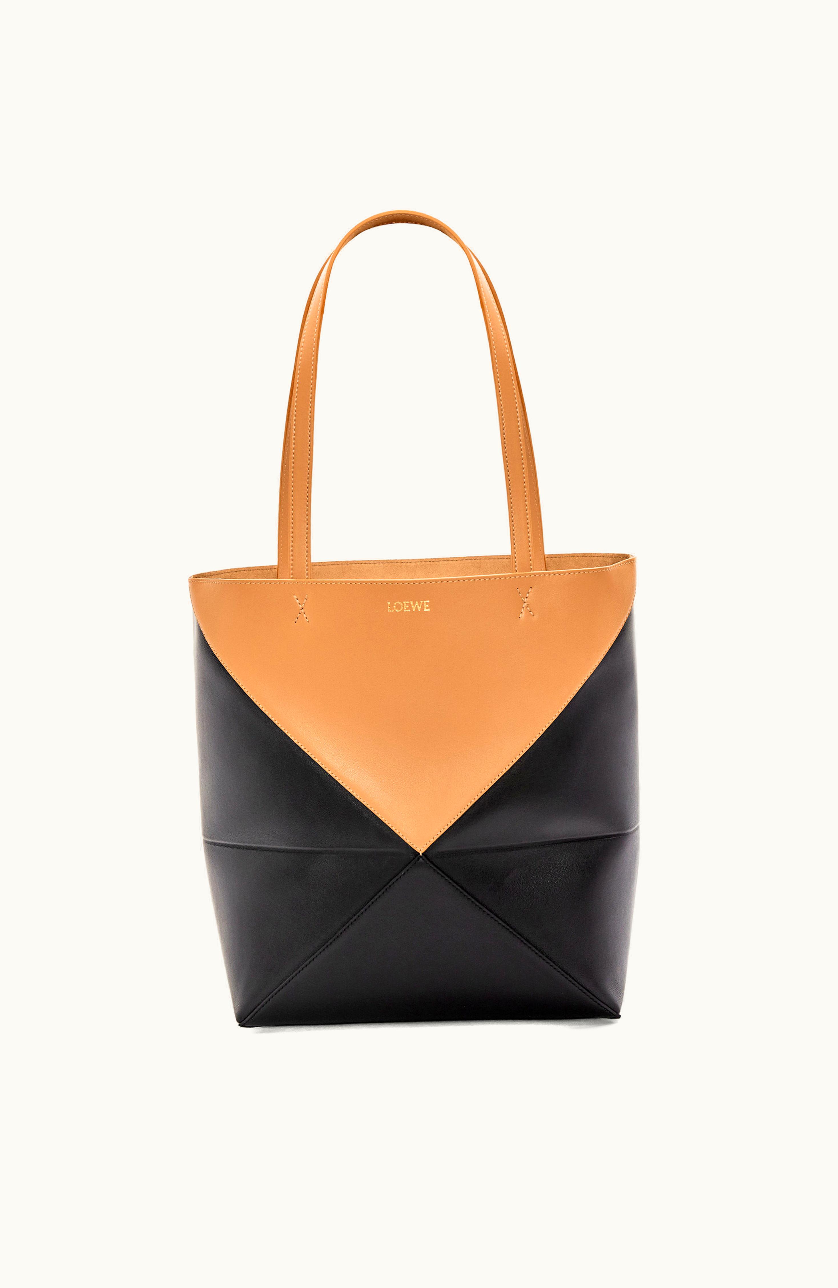 Loewe Loewe Puzzle Fold Tote In Shiny Calfskin Warm Desert / Black