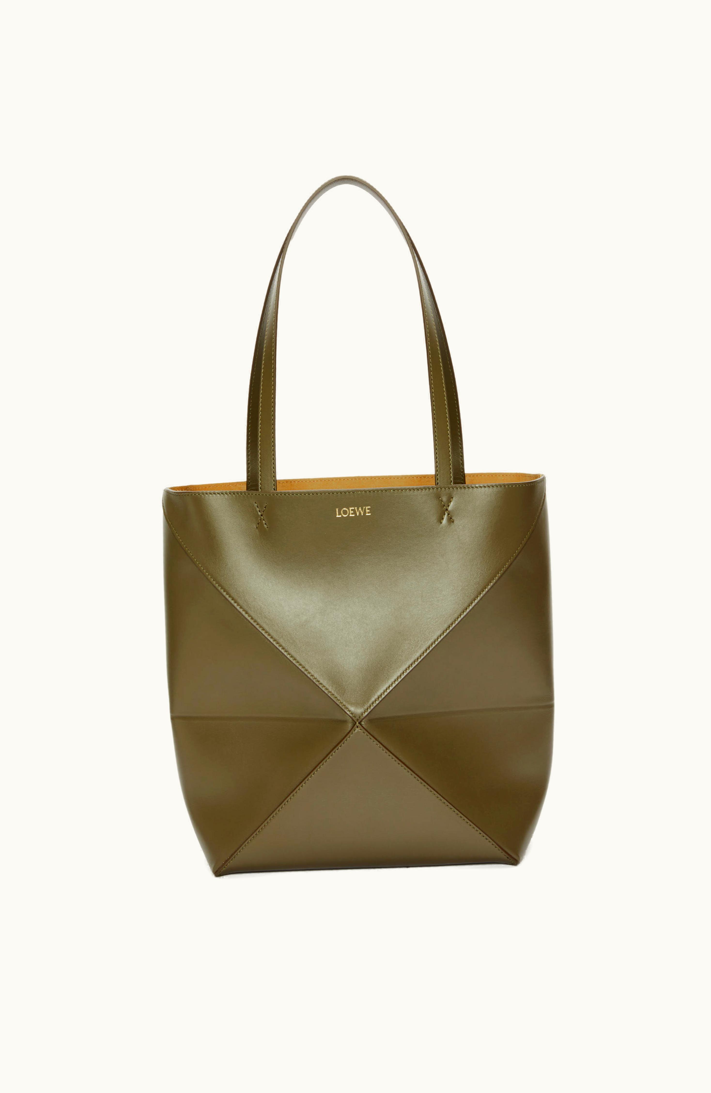 Loewe Loewe Puzzle Fold Tote In Shiny Calfskin Dark Khaki Green
