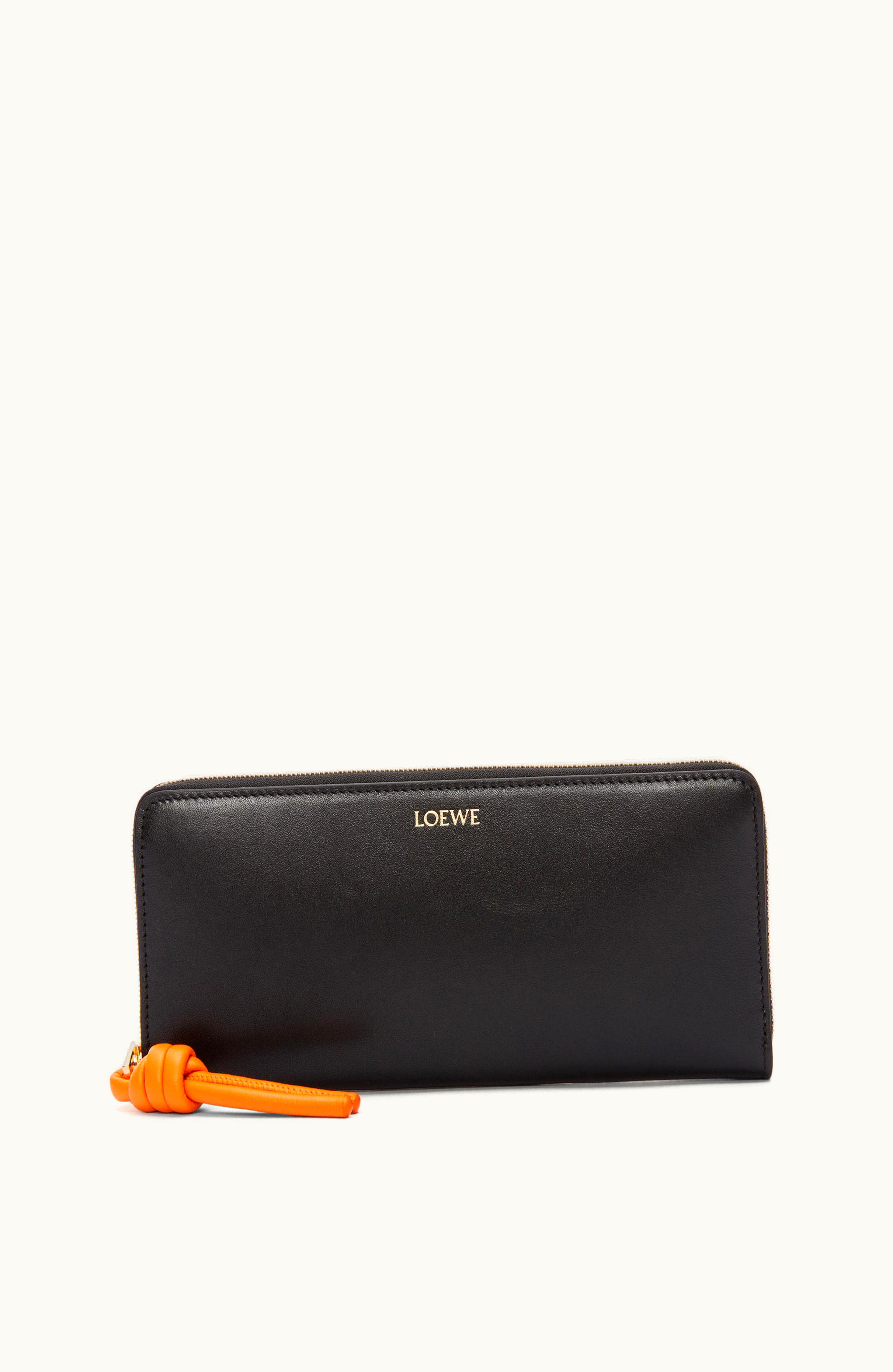 Loewe Loewe Knot Zip Around Wallet In Shiny Nappa Calfskin Black / Bright Orange