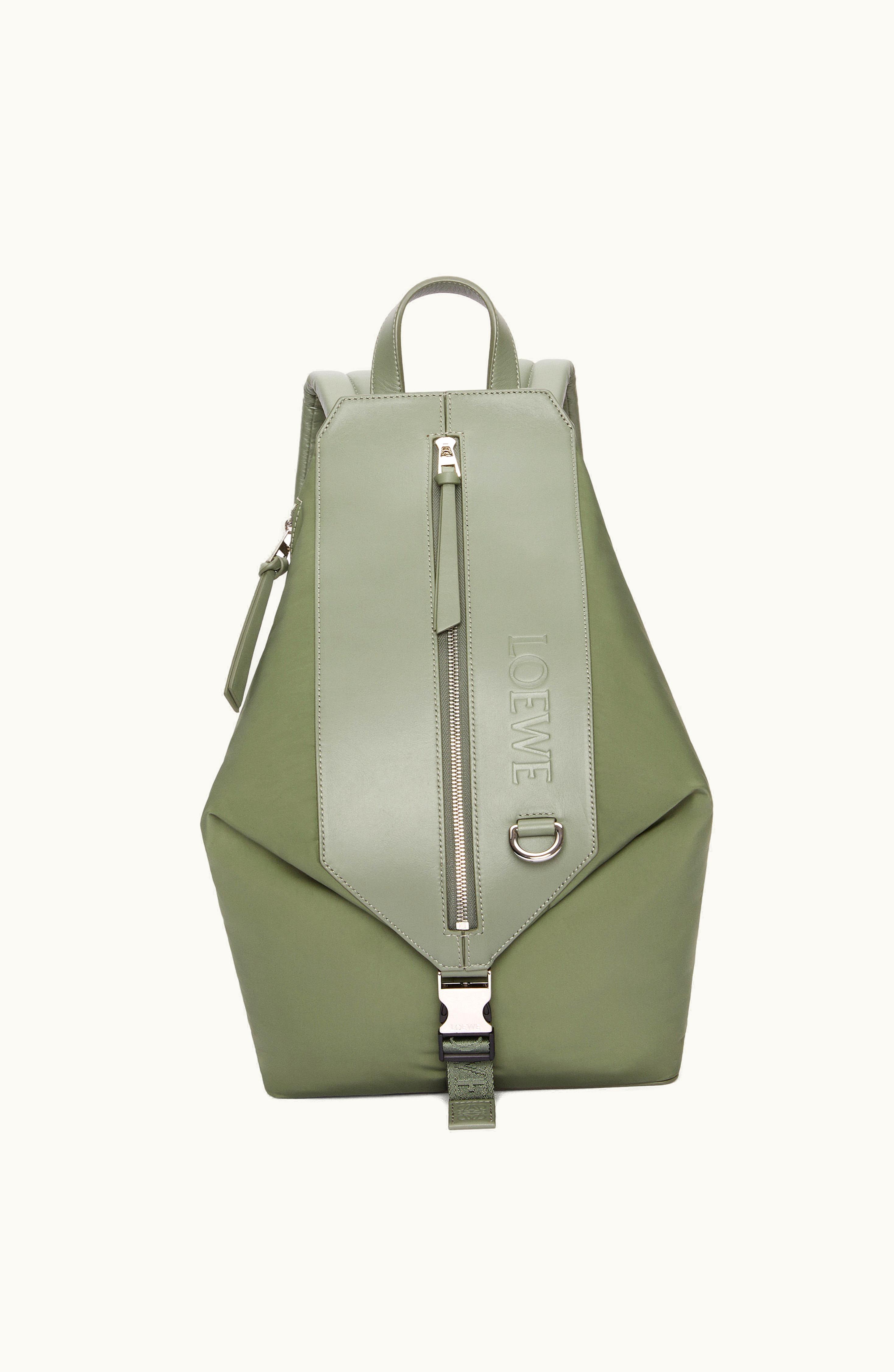 Loewe Loewe Small Convertible Backpack In Nylon And Calfskin Khaki Green