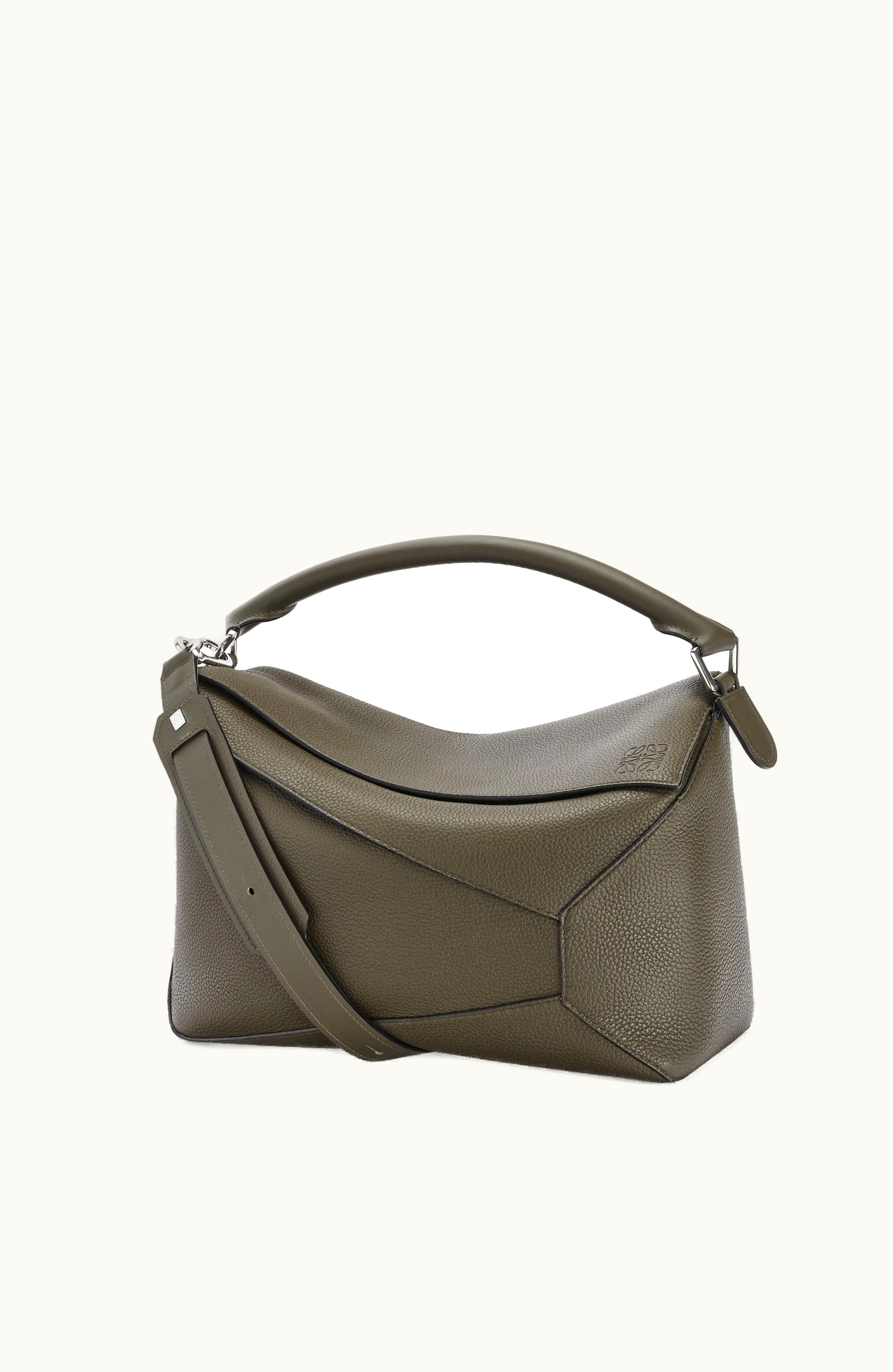 Loewe Loewe Large Puzzle Bag In Grained Calfskin Dark Khaki Green