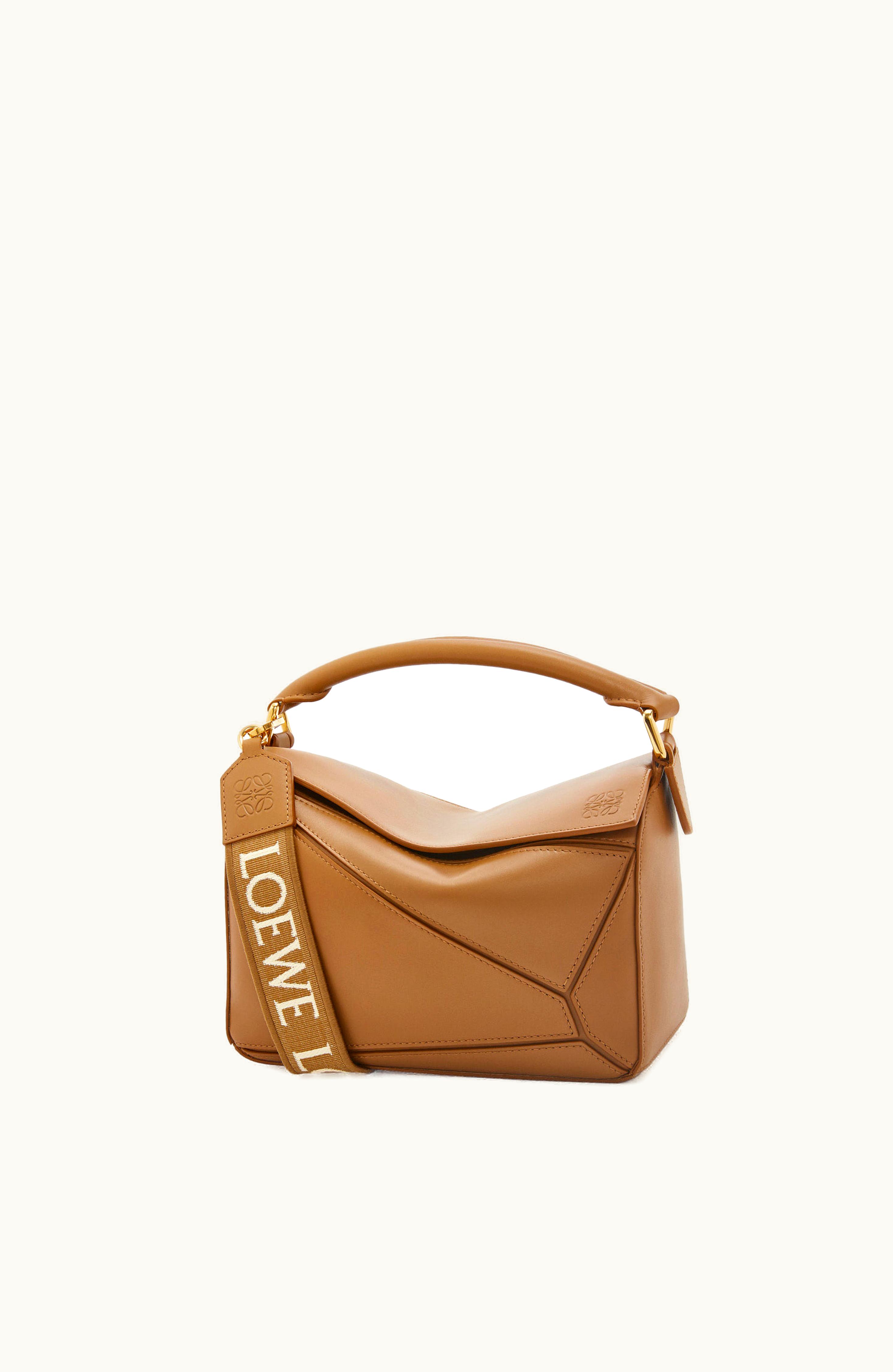 Loewe Loewe Small Puzzle Bag In Satin Calfskin Oak Herringbone Cotton Canvas Embossed Anagram