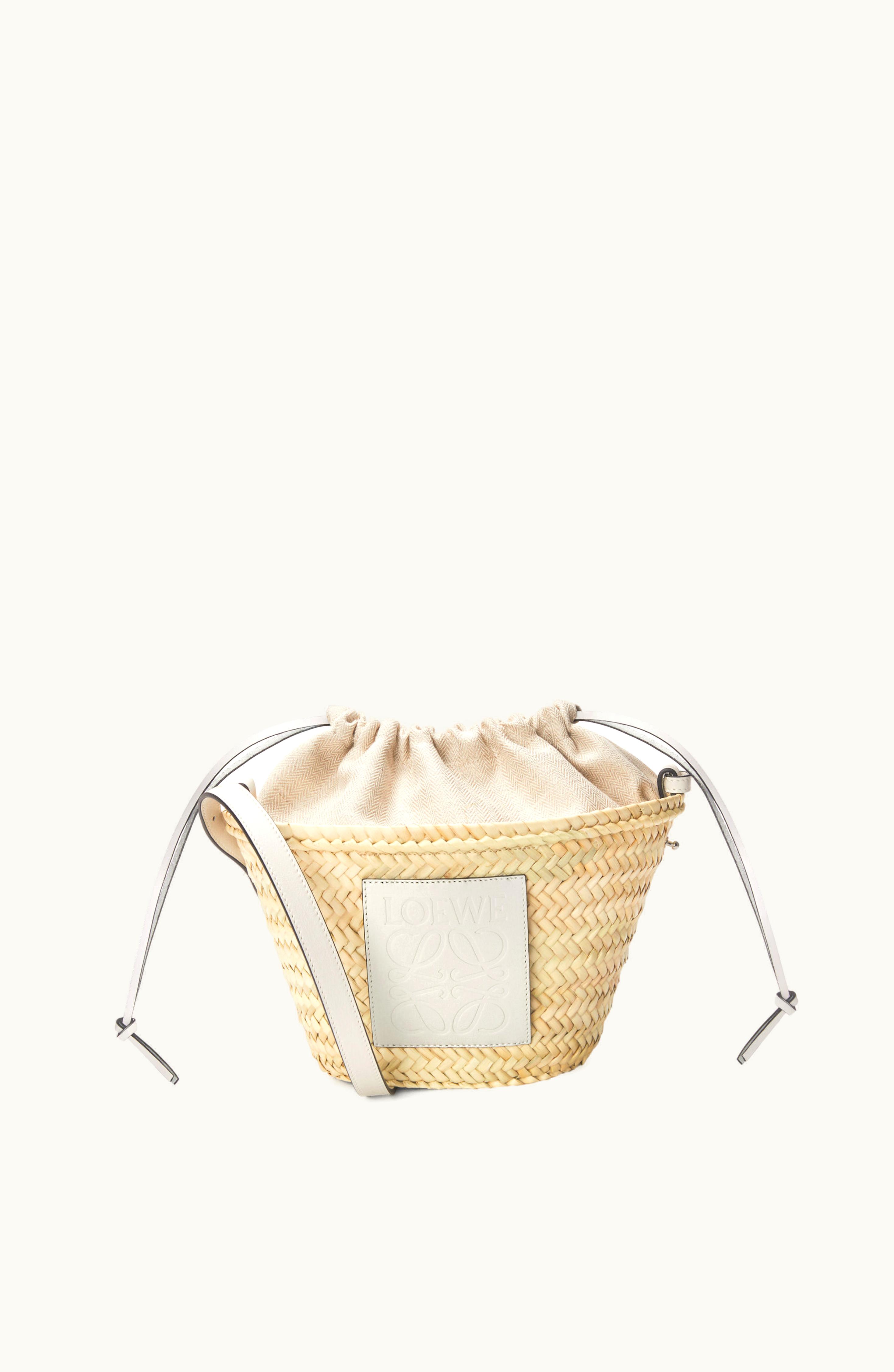 Loewe Loewe Drawstring Bucket Bag In Palm Leaf And Calfskin Natural / White
