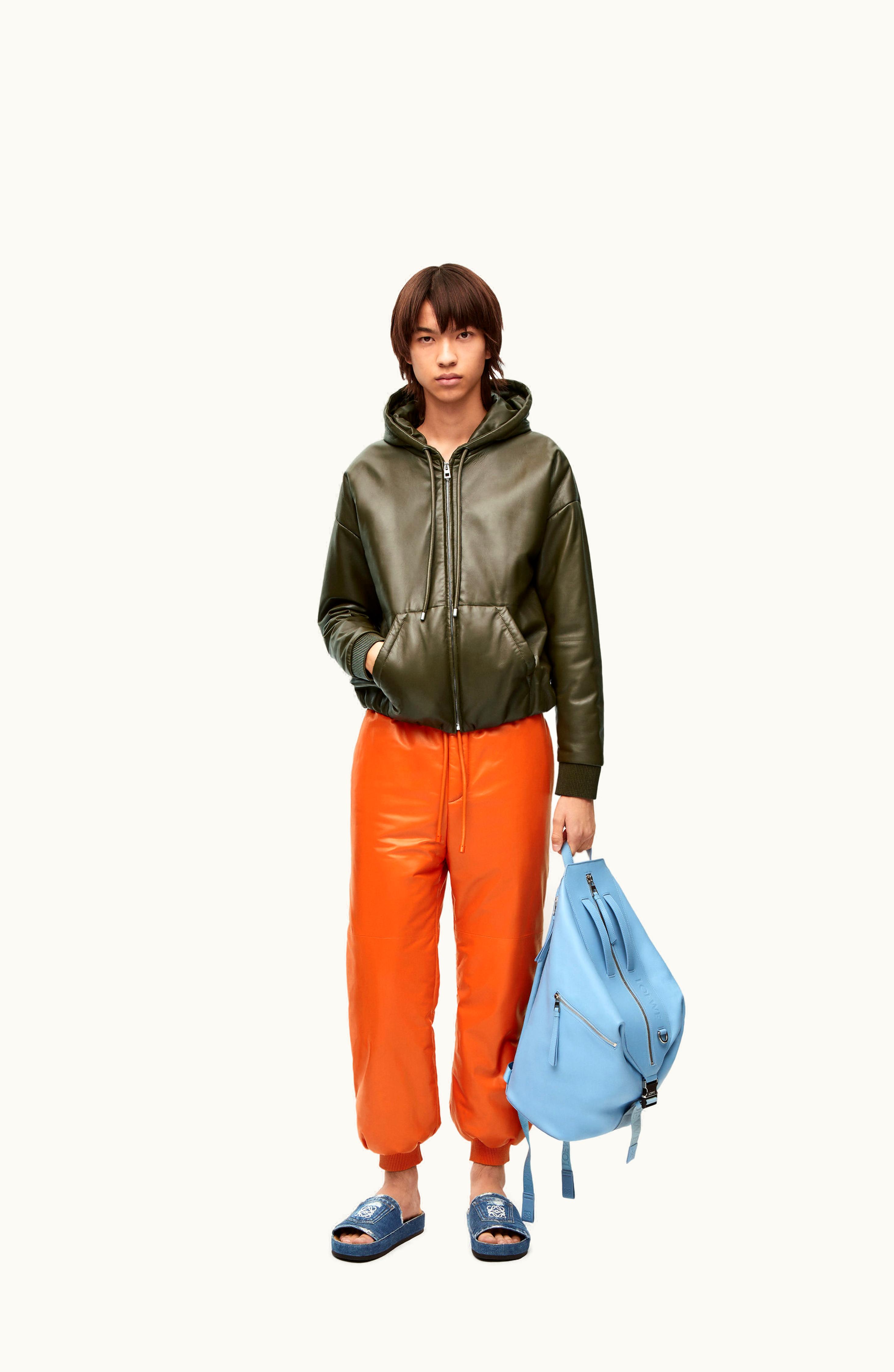 Loewe Loewe Zip-up Padded Hoodie In Nappa Lambskin Dark Khaki Green