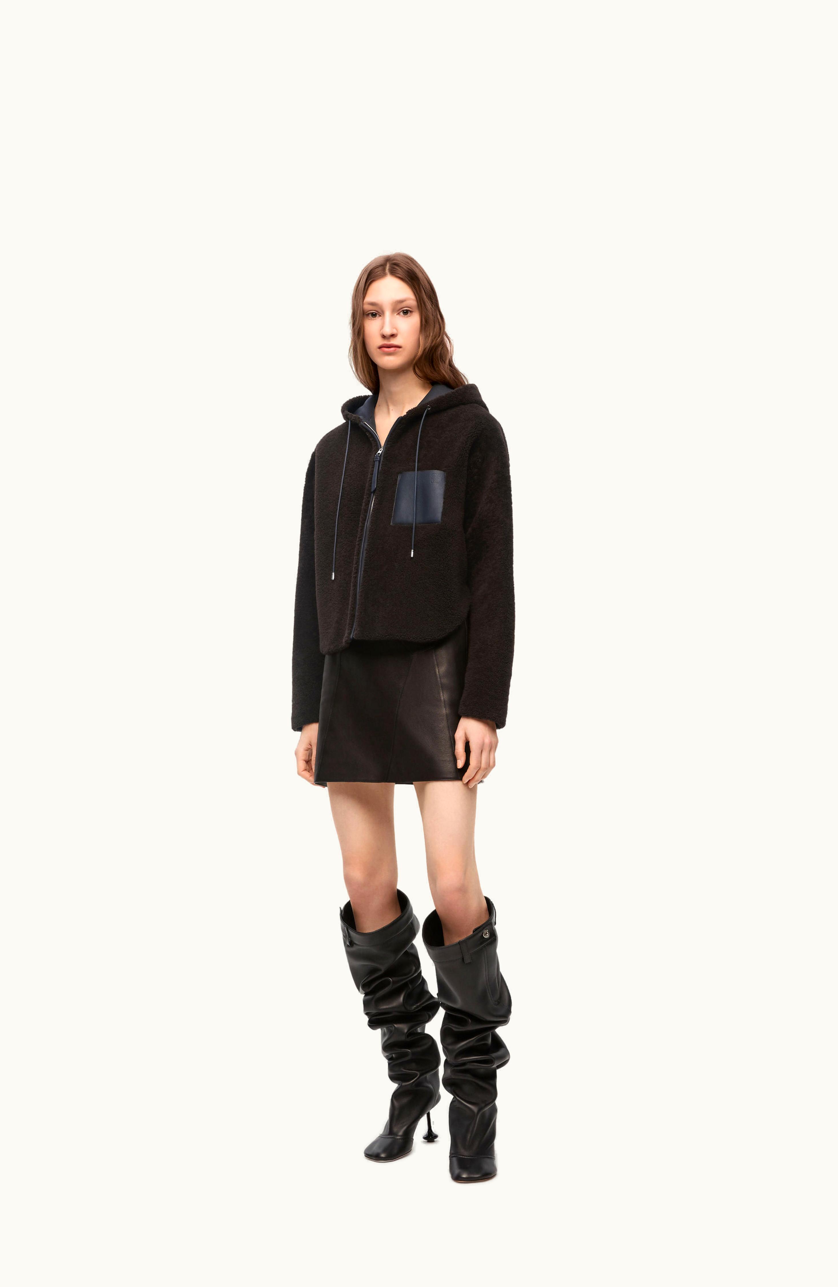 Loewe Loewe Hooded Jacket In Shearling Brown / Navy Blue