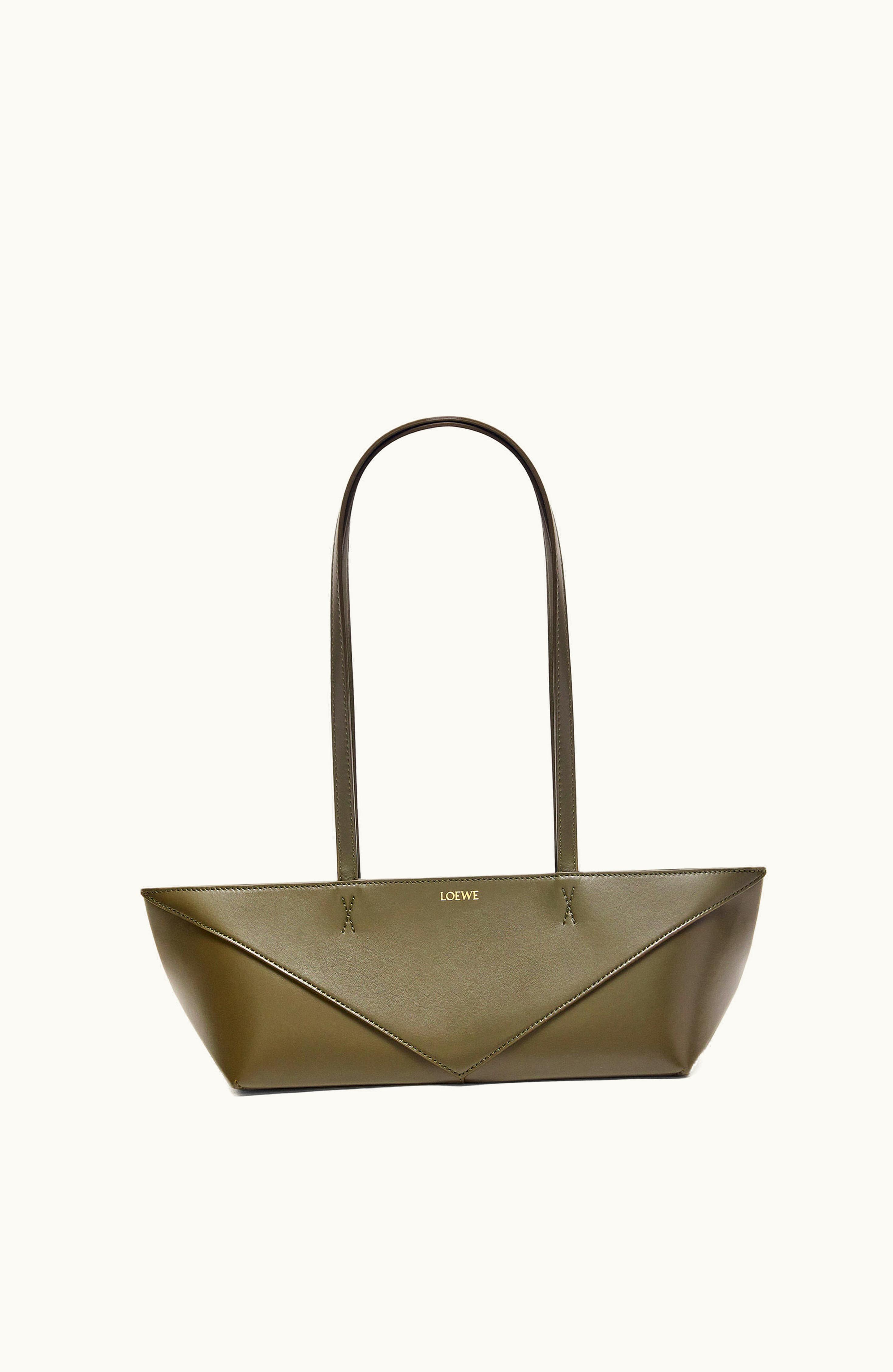 Loewe Loewe Cropped Puzzle Fold Bag In Shiny Calfskin Dark Khaki Green