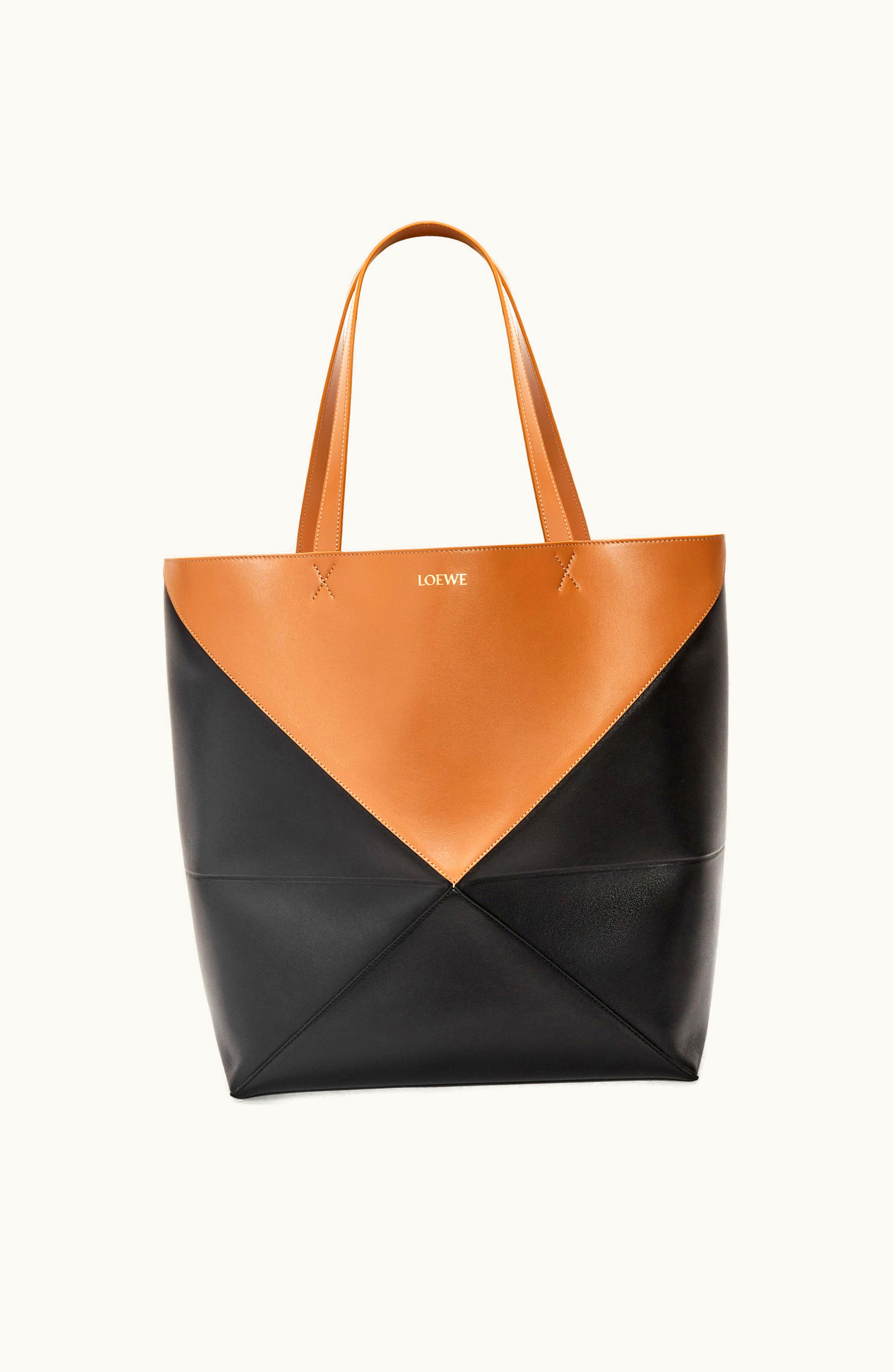 Loewe Loewe Large Puzzle Fold Tote In Shiny Calfskin Black / Warm Desert