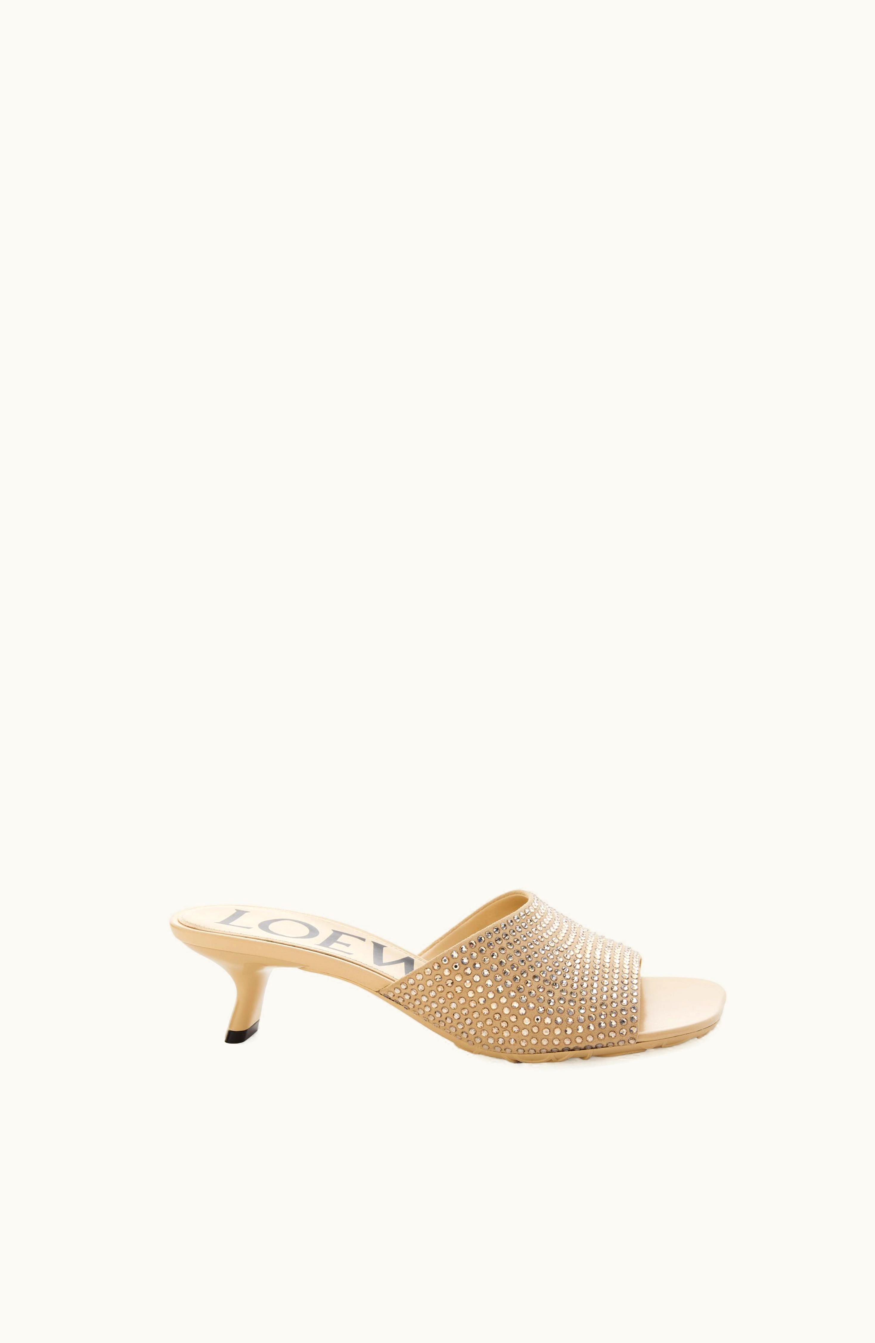 Loewe Loewe Petal Kitten Heel Slide In Suede And Allover Rhinestones Oat Milk