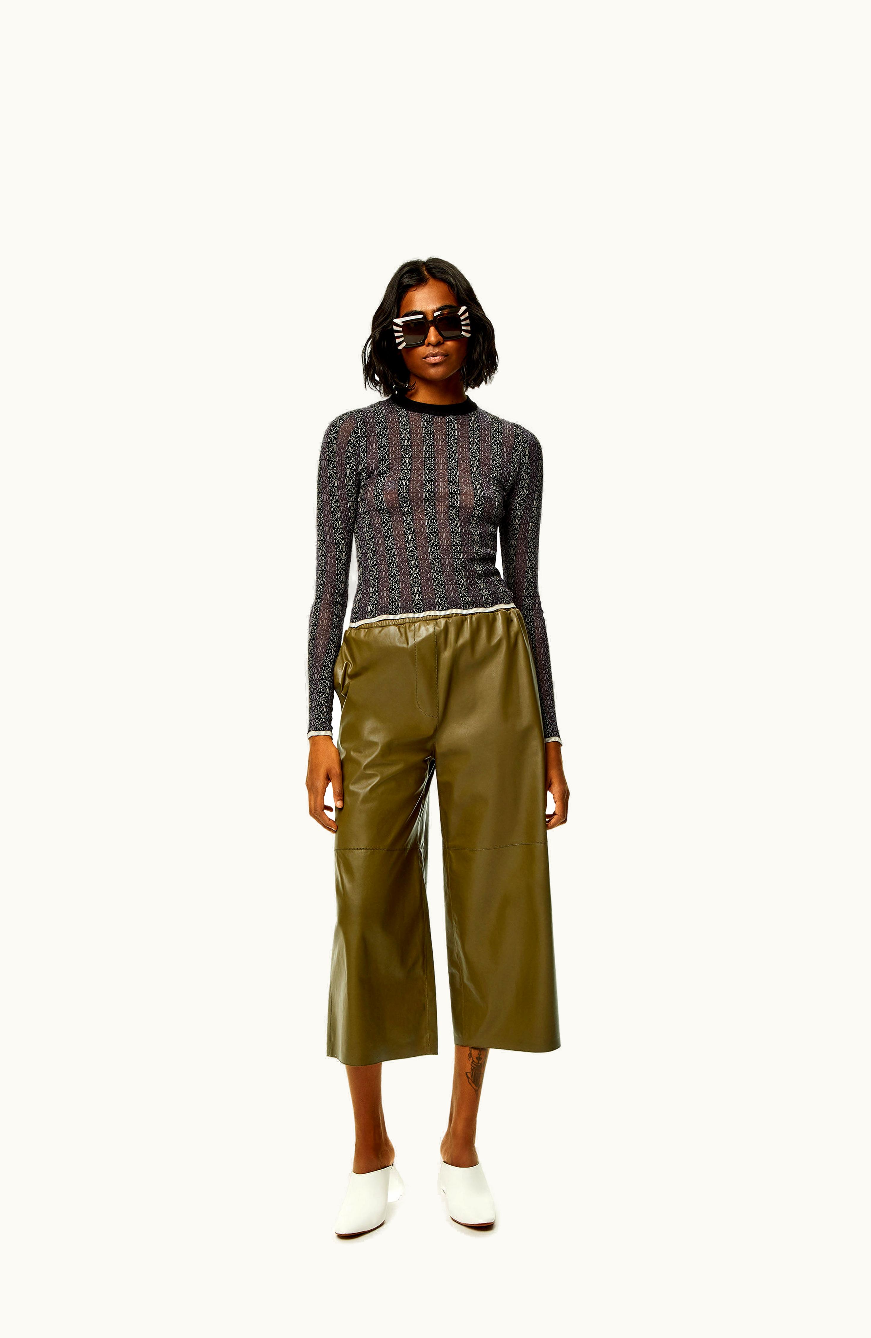 Loewe Loewe Cropped Trousers In Nappa Lambskin Dark Khaki Green