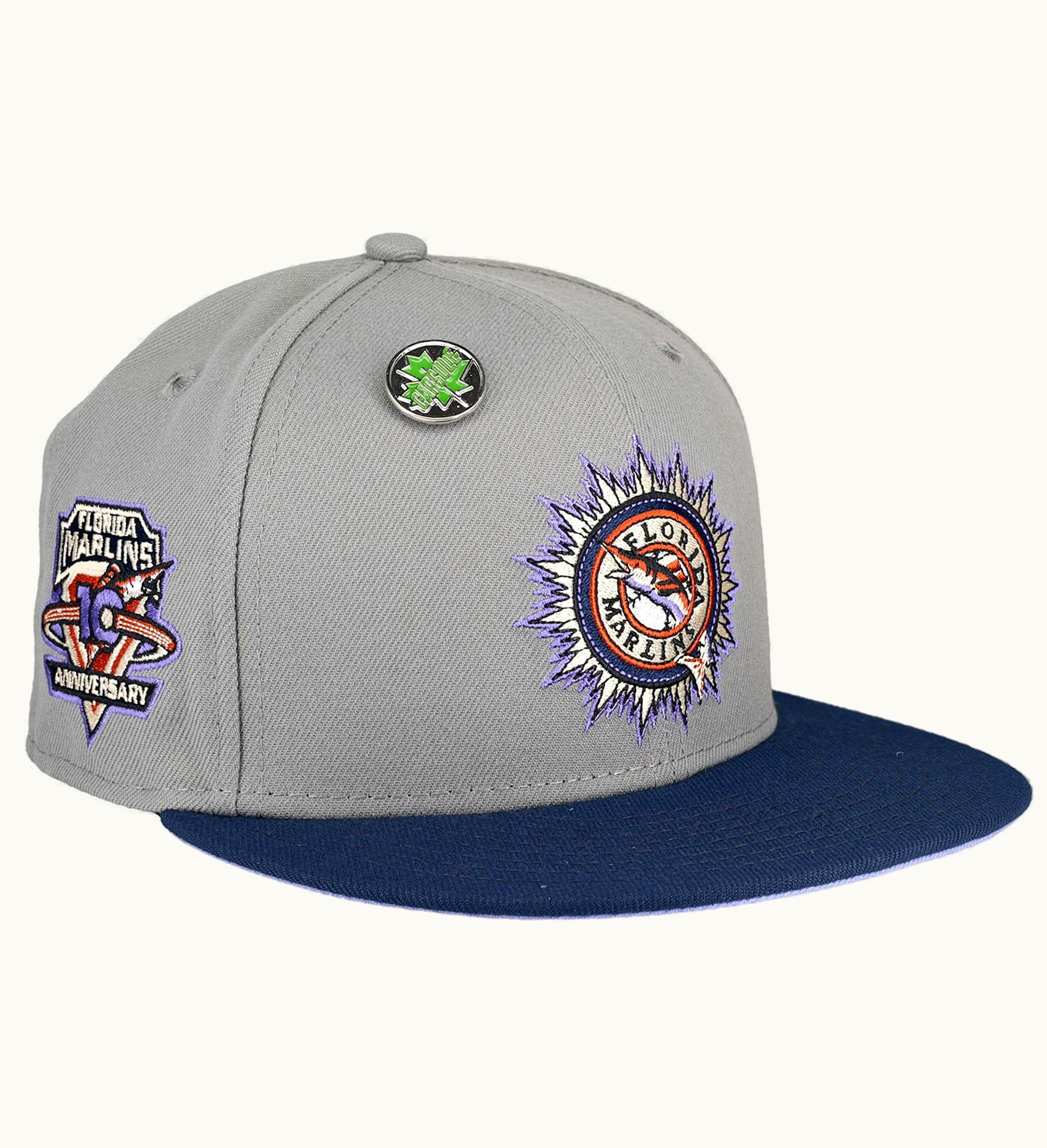 New Era Florida Marlins 10th Anniversary Patch Capsule Exclusive Fitted Hat 59fifty Fitted Hat Grey Lavender