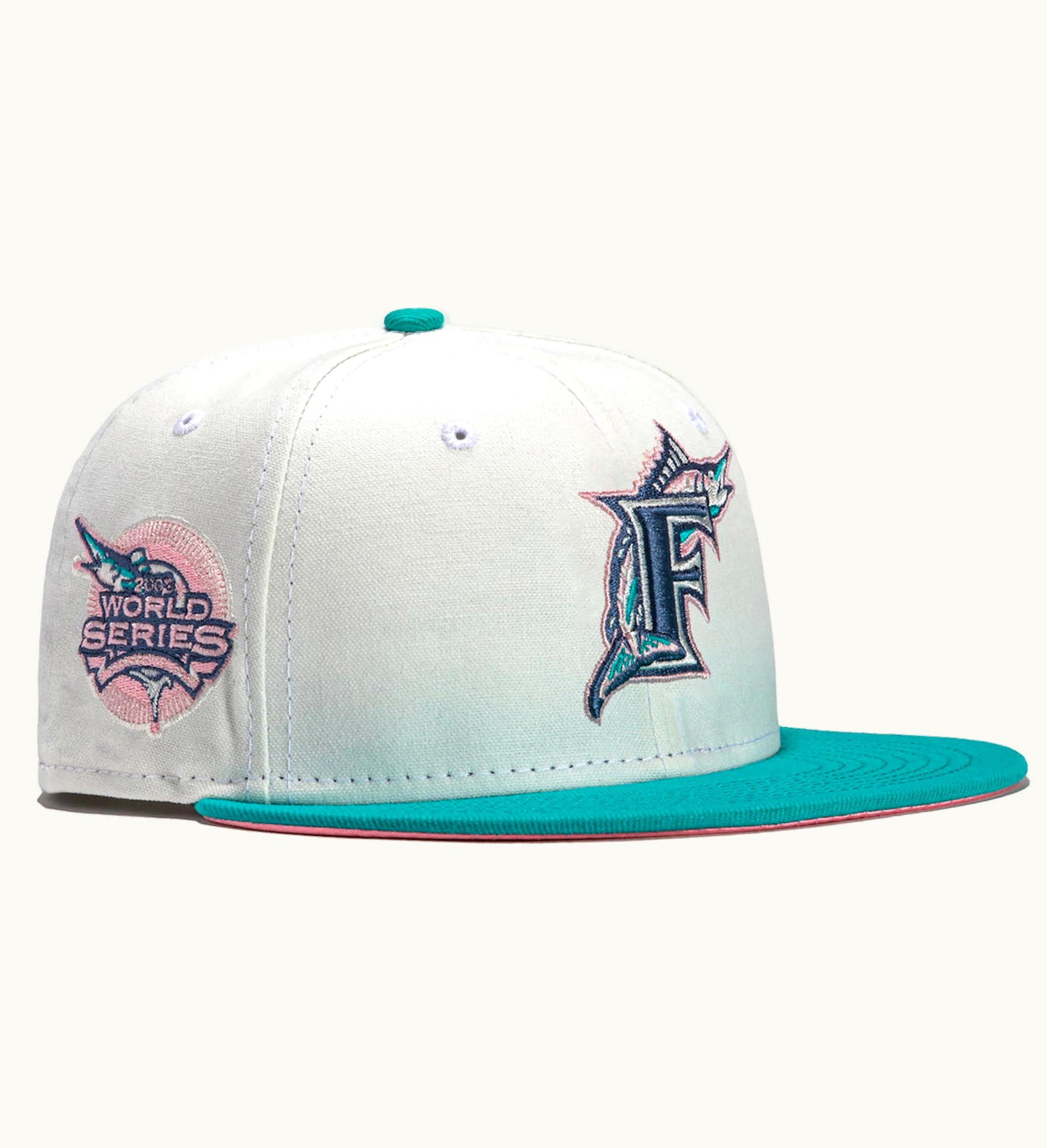 New Era Miami Marlins Monaco 2003 World Series Champions Patch Hat Club Exclusive 59fifty Fitted Hat Stone Peach