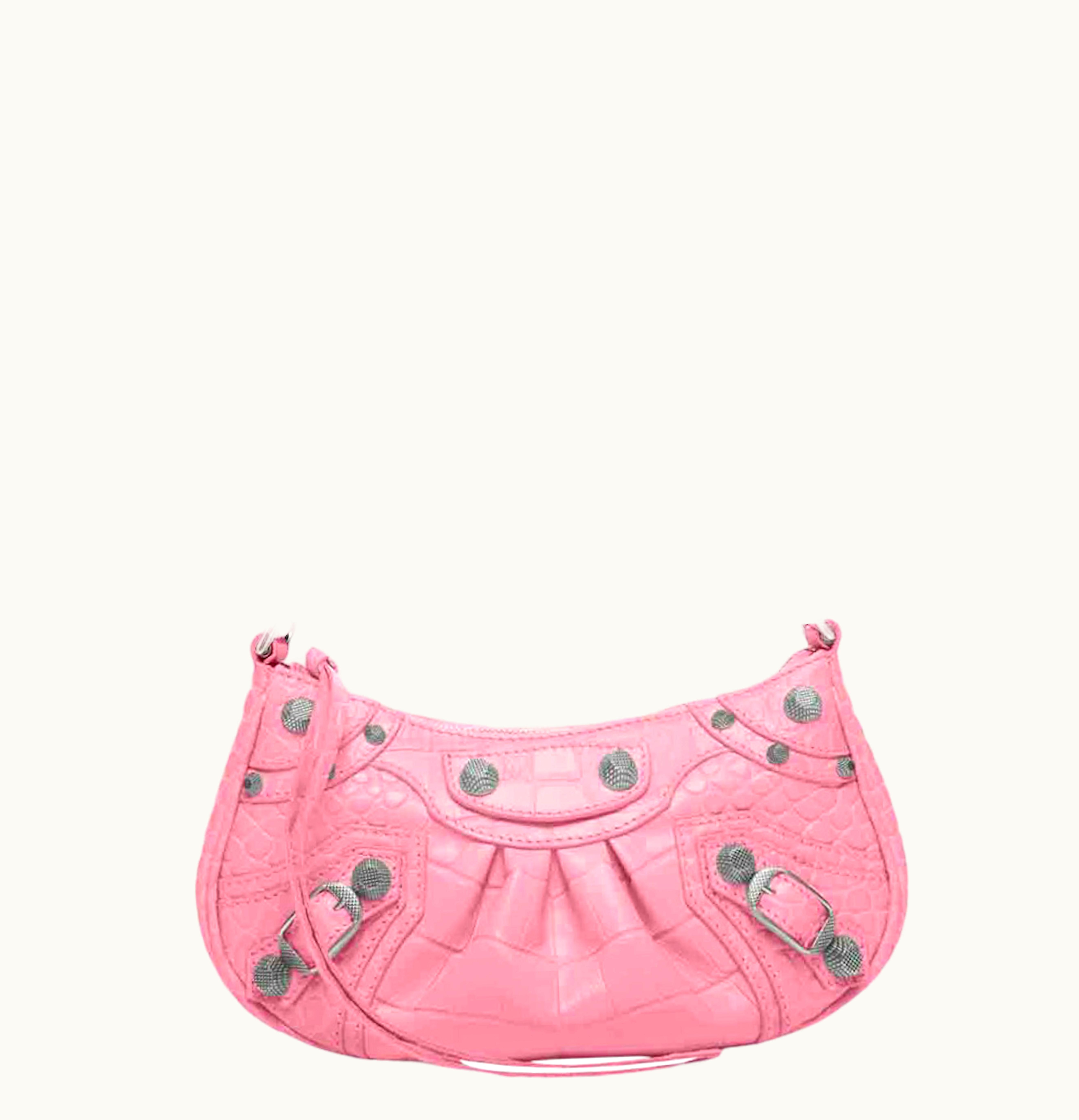 Balenciaga Balenciaga Womens Le Cagole Purse with Chain Mini Crocodile Embossed Pink