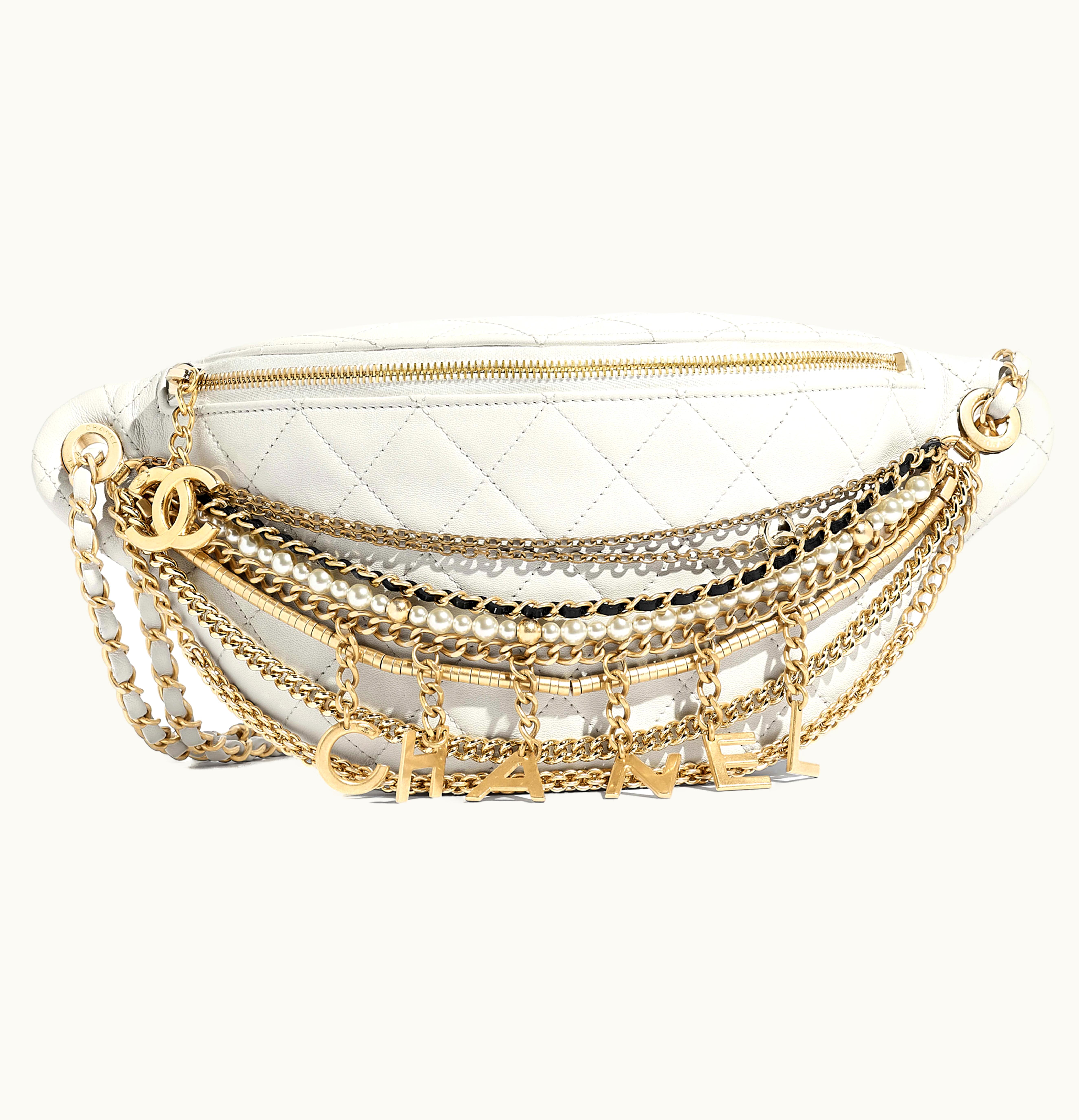 Chanel Chanel Waist Bag Lambskin Quilted Gold Silver tone White