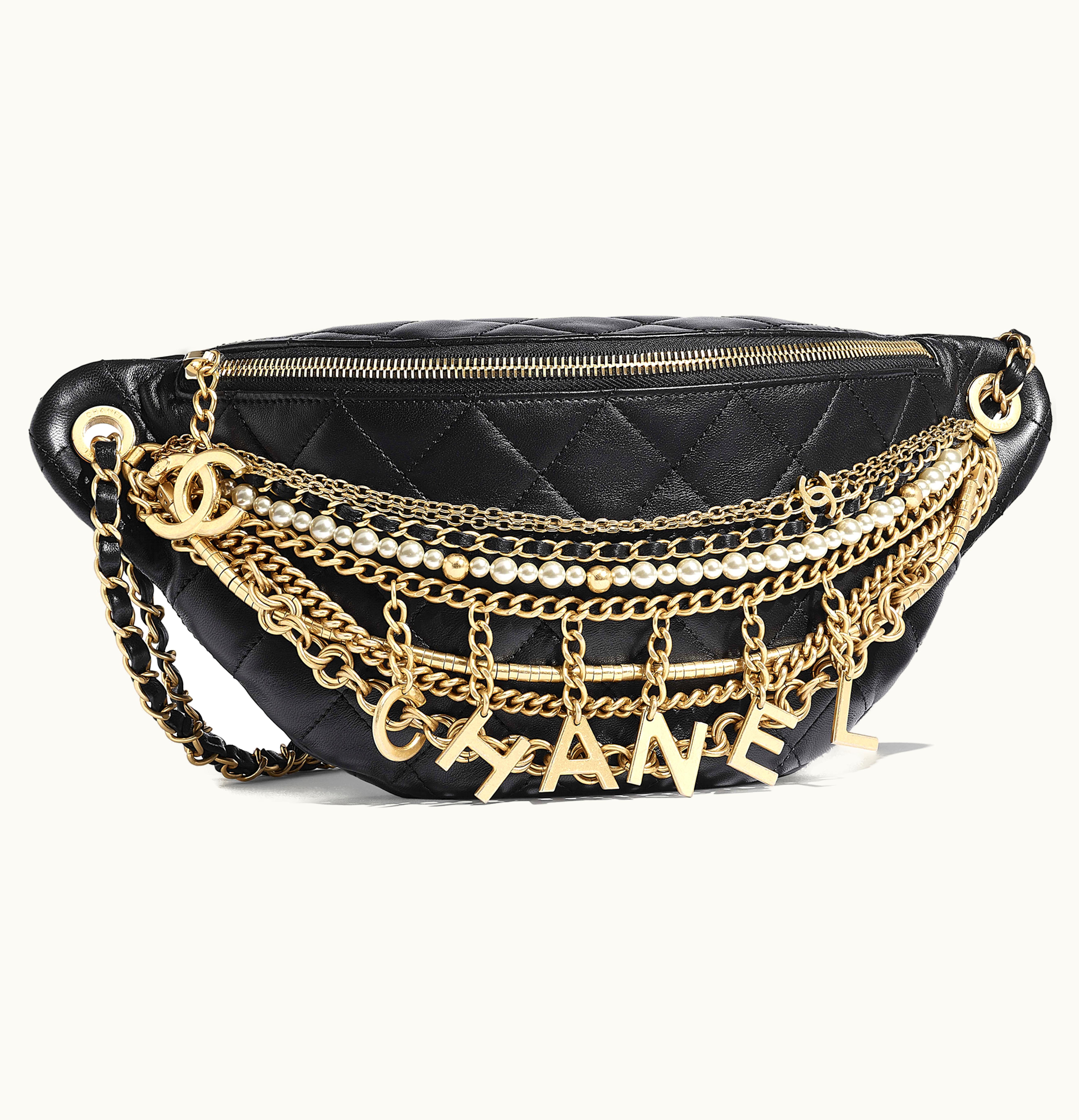 Chanel Chanel Waist Bag Lambskin Quilted Gold Silver tone Black