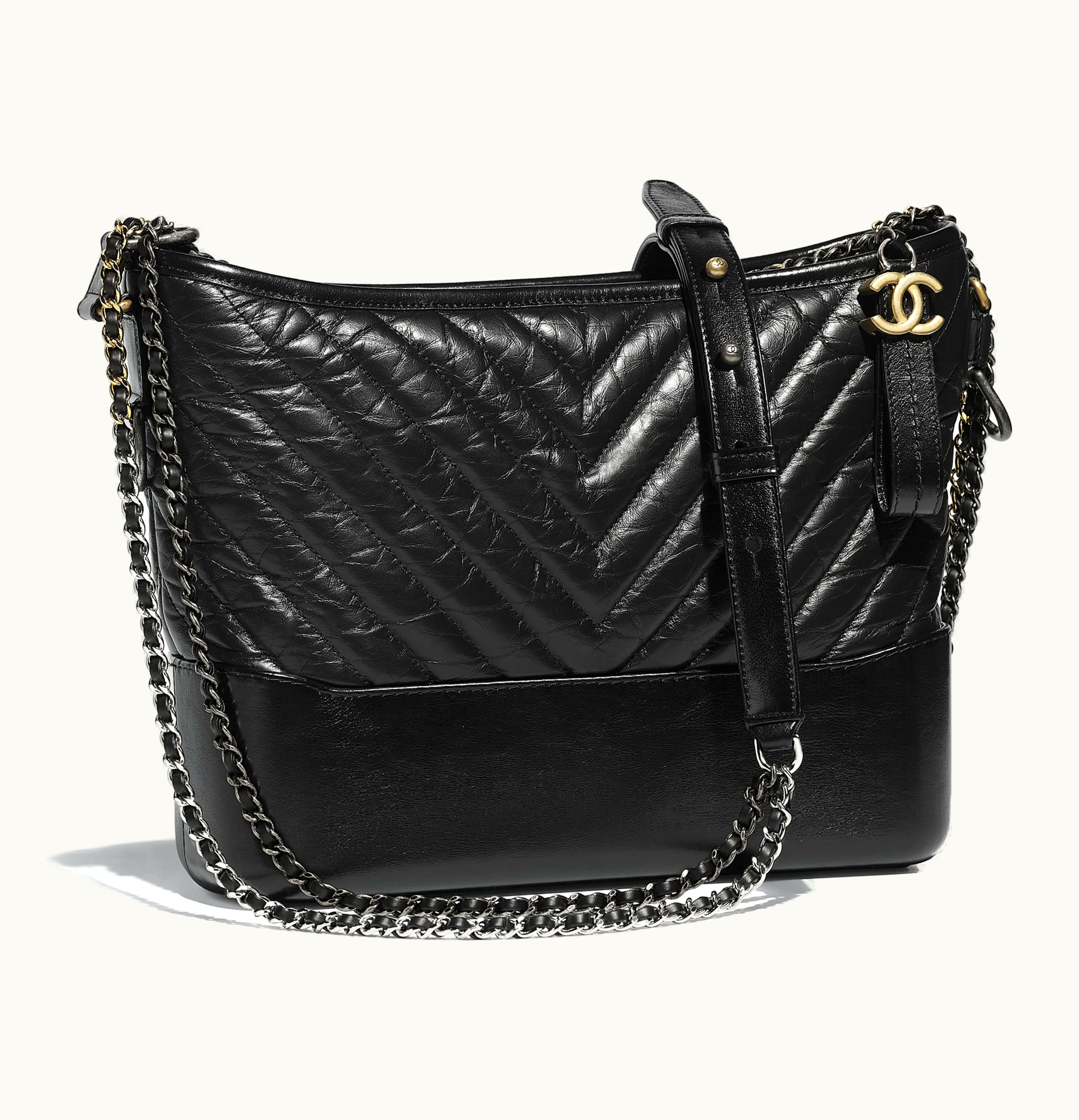 Chanel Chanel Gabrielle Hobo Bag Quilted Chevron Silver Gold tone Black