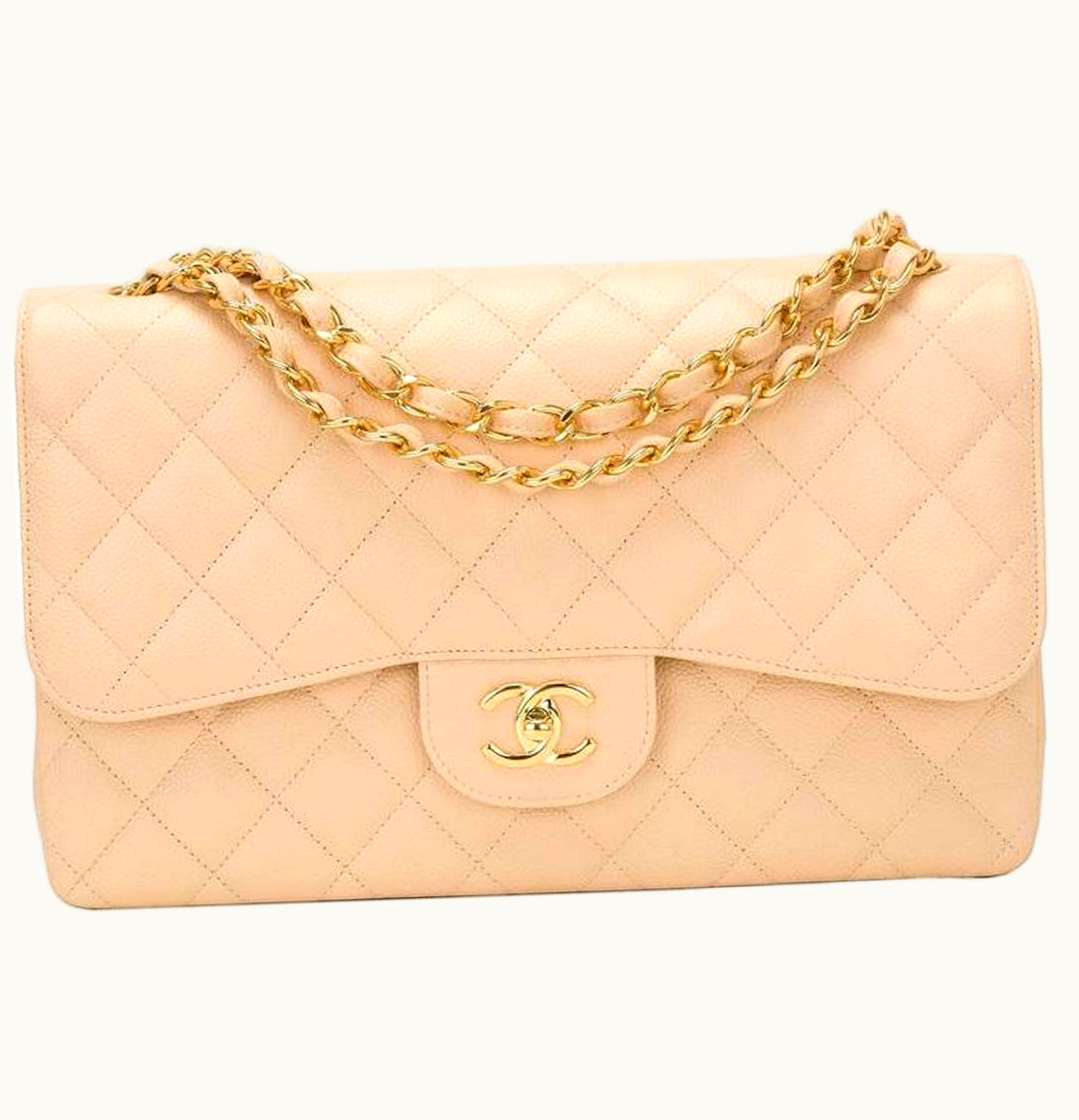 Chanel Chanel Classic Double Flap Quilted Jumbo Beige Caviar Goldtone