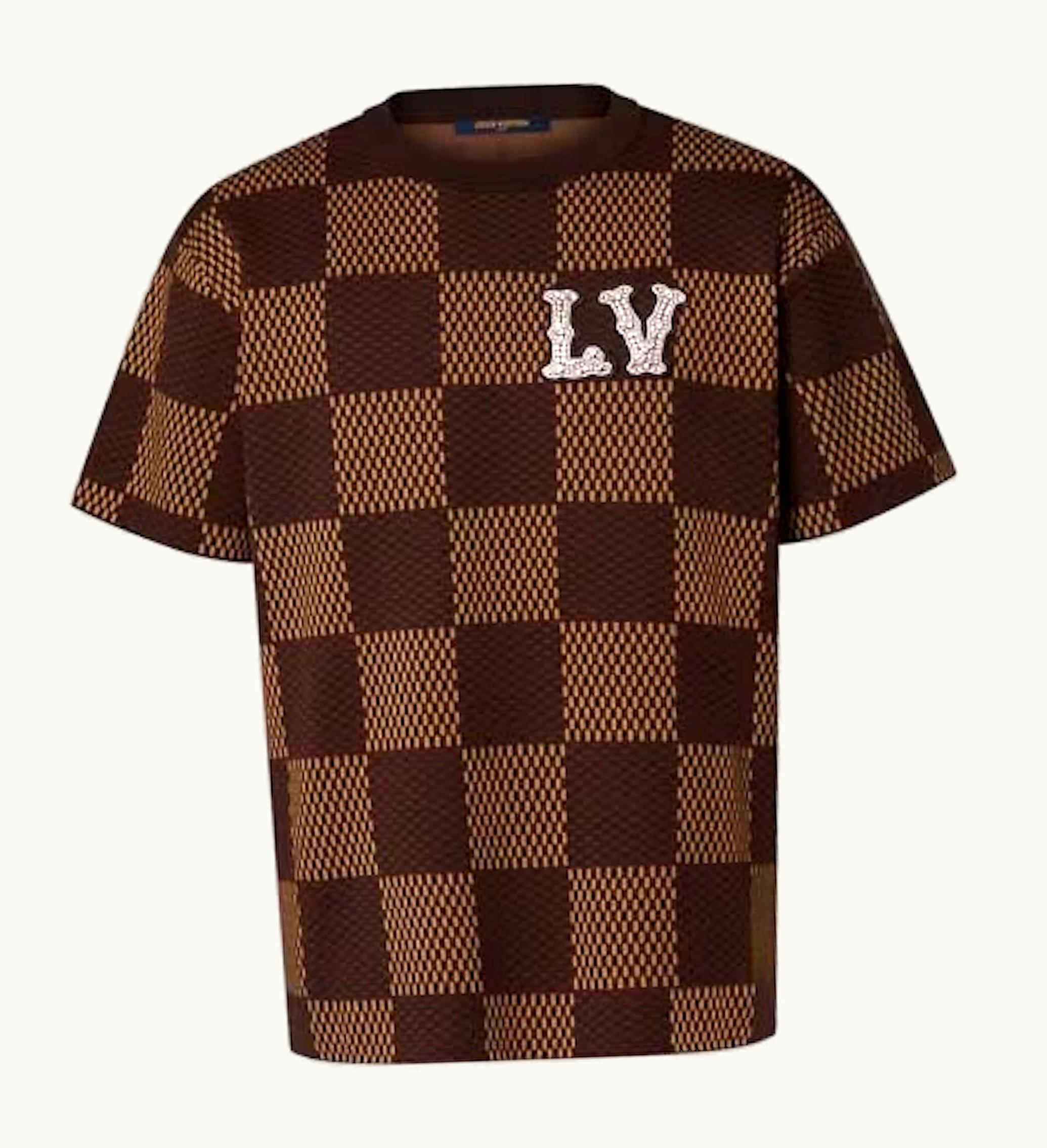 Louis Vuitton Louis Vuitton Short Sleeved Cotton Damier Crewneck With Crystal LV Patch Sienna