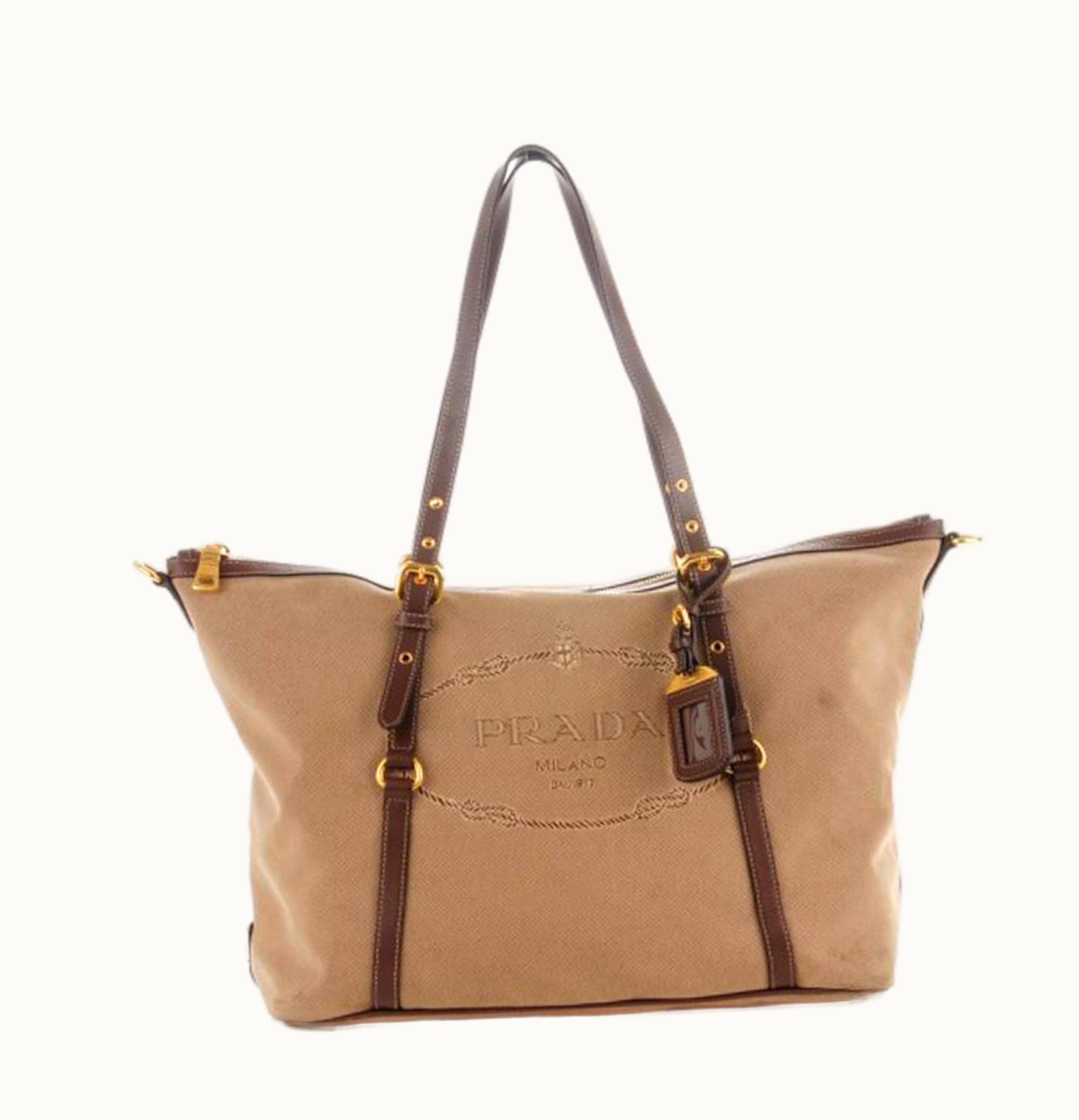 Prada Prada Corda Bruciato Shopping Tote Jacquard Logo Dark Beige