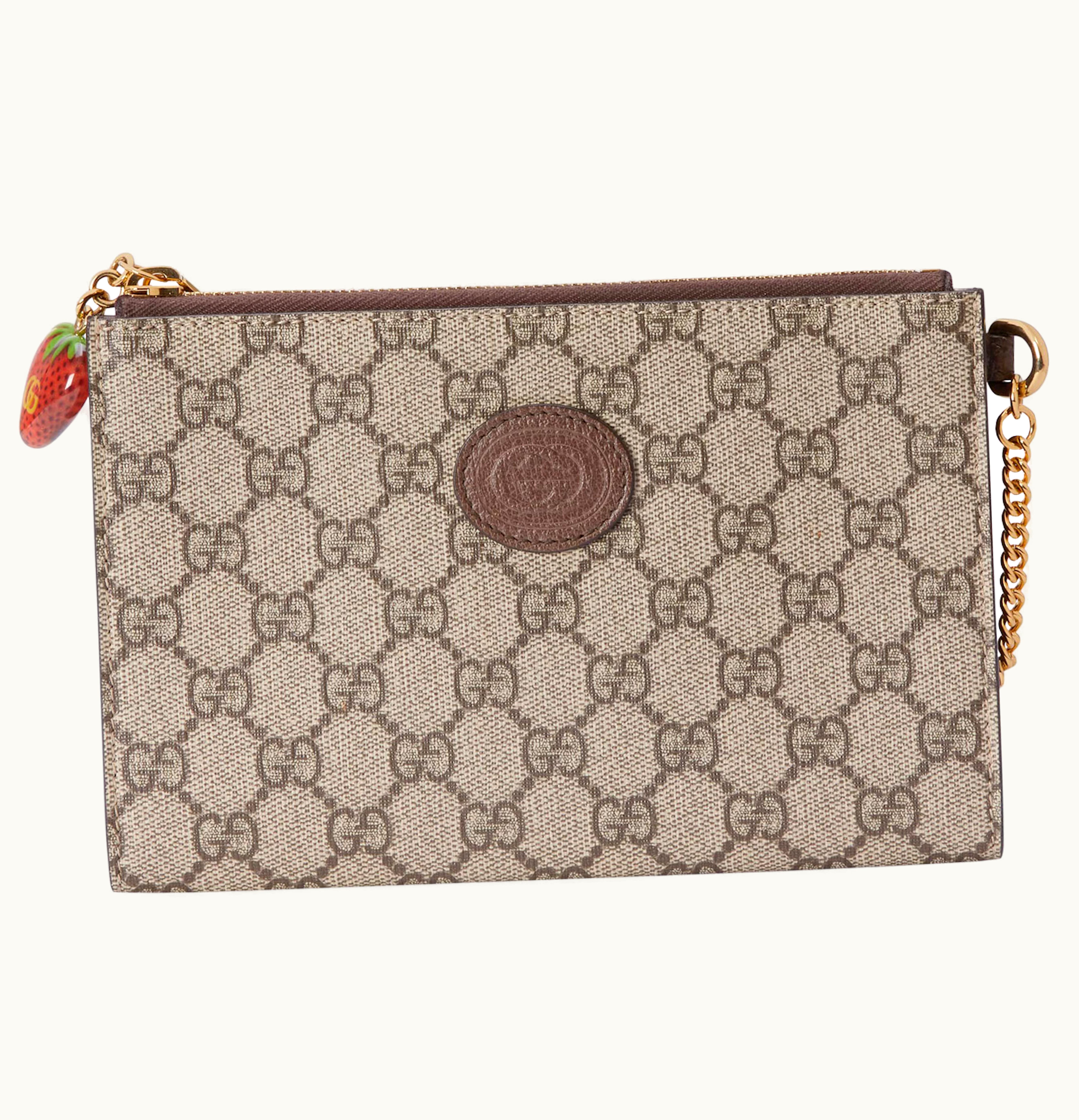 Gucci Gucci Double G Strawberry Wrist Wallet GG Supreme Beige Ebony