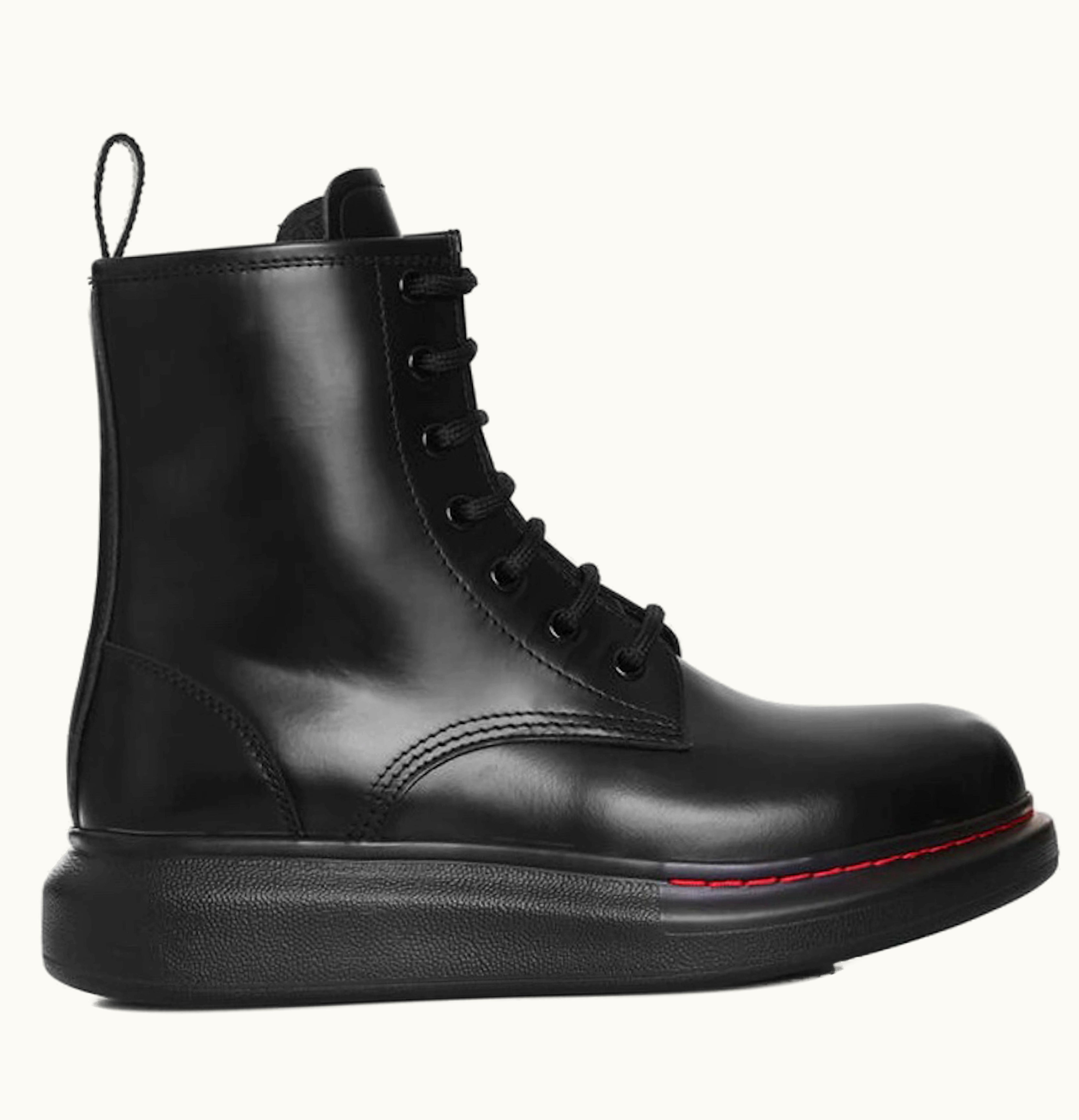 Alexander McQueen Glossed Leather Platform Ankle Boot Black Red Womens