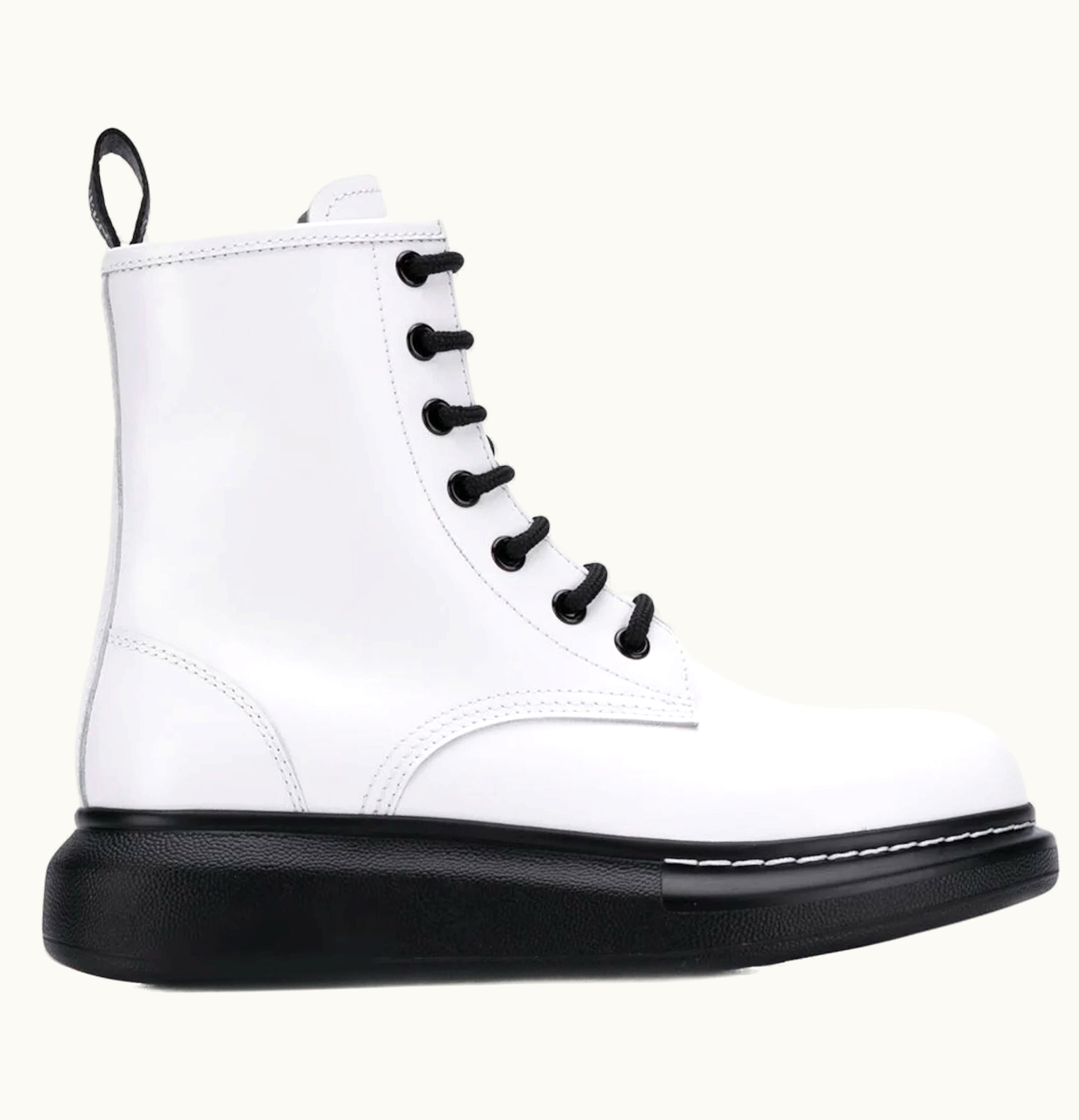Alexander McQueen Glossed Leather Platform Ankle Boot White Black Womens
