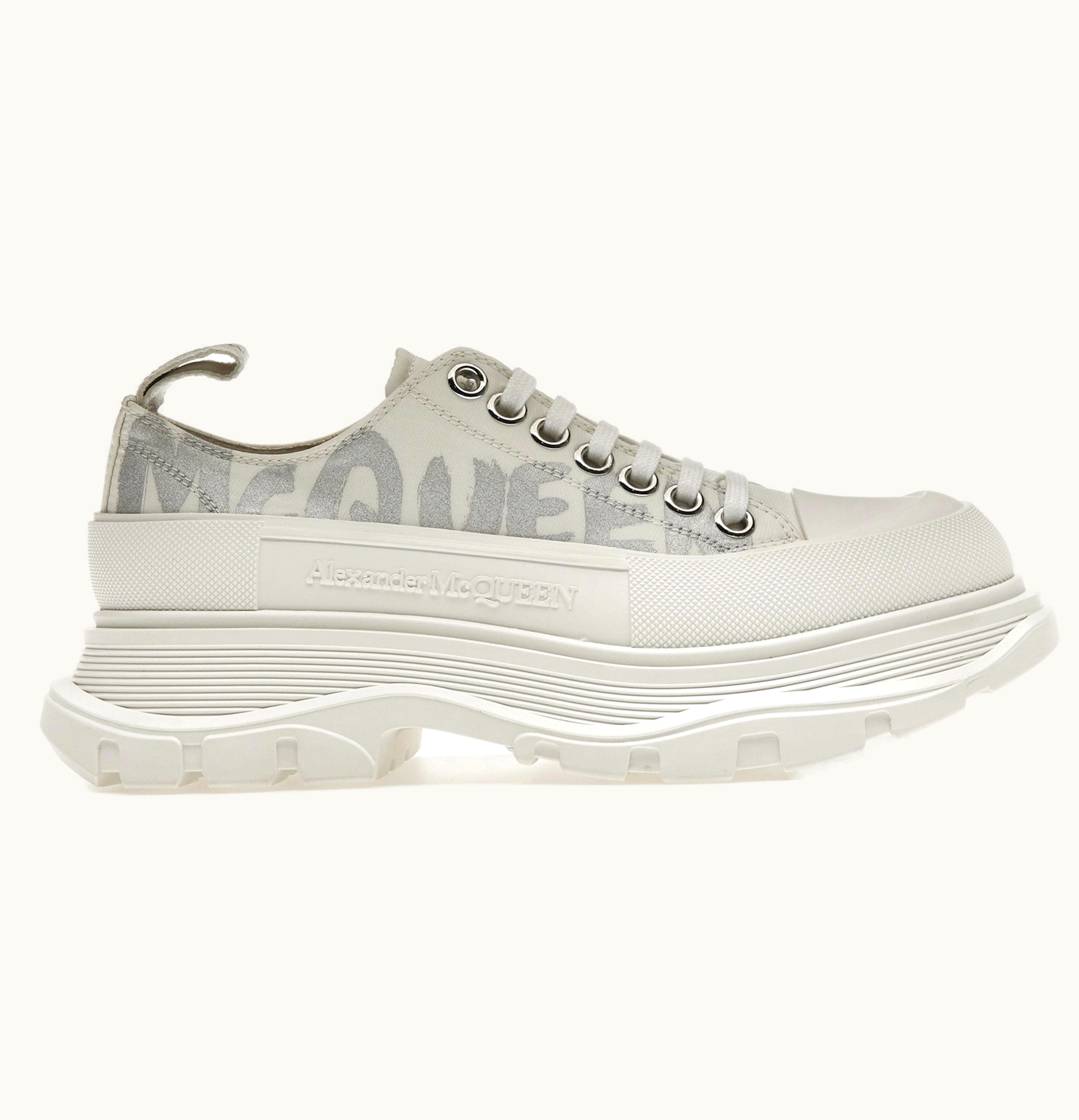 Alexander McQueen Tread Slick Low Lace Up Graffiti White Silver W