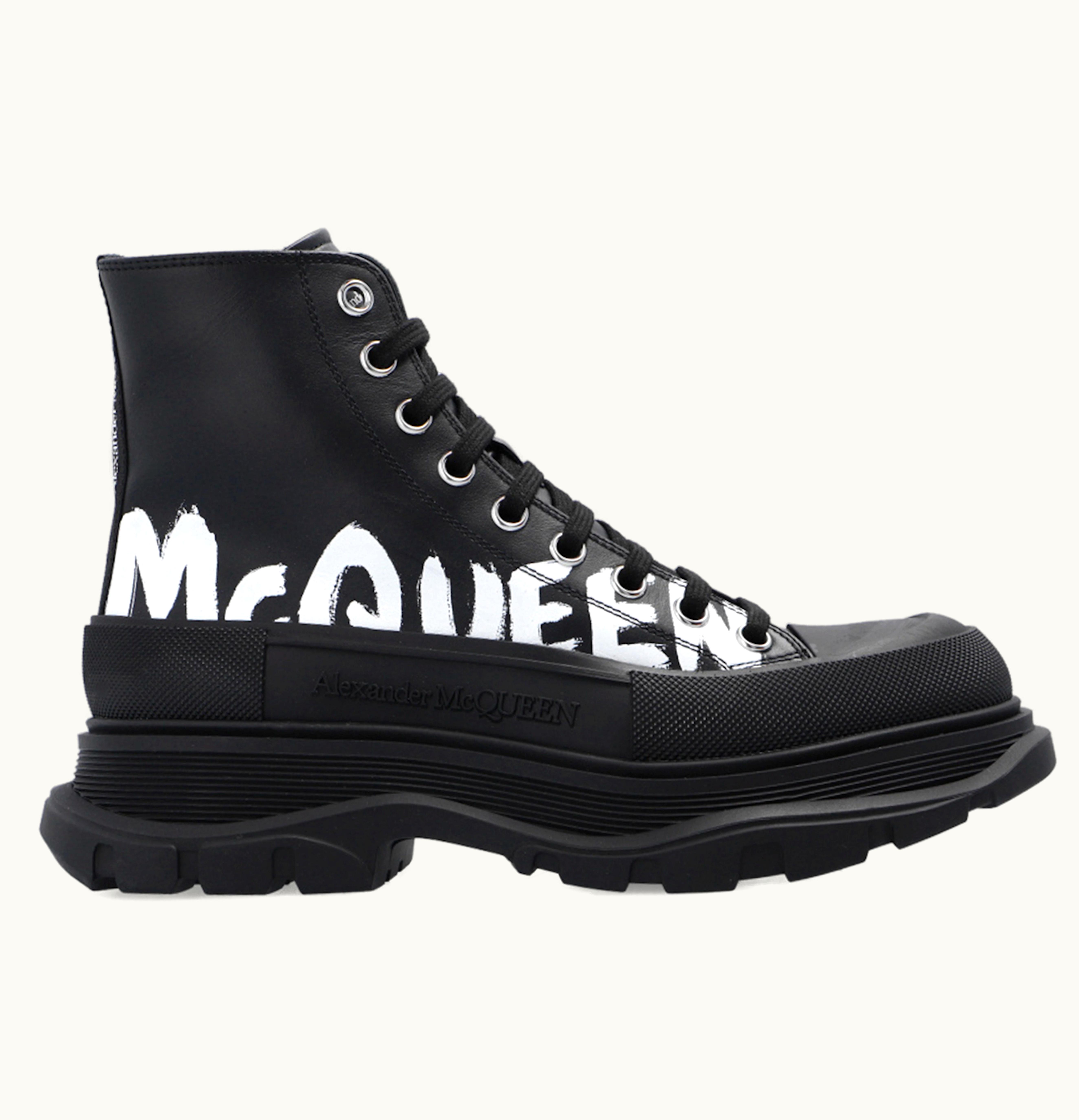 Alexander McQueen Tread Slick Boot Leather Graffiti Black White W
