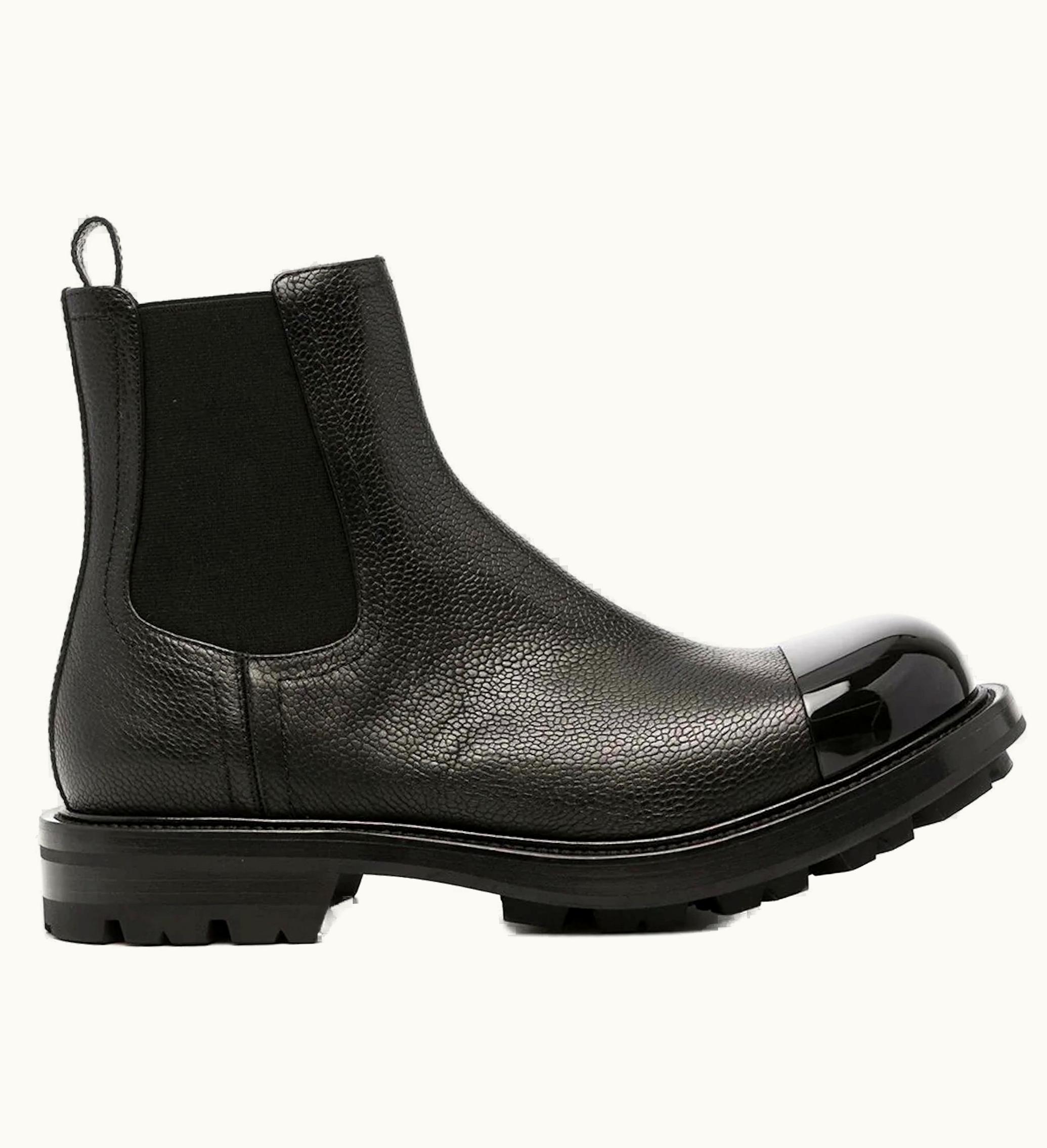 Alexander McQueen Shiny Toecap Grainy Leather Chelsea Boot Black