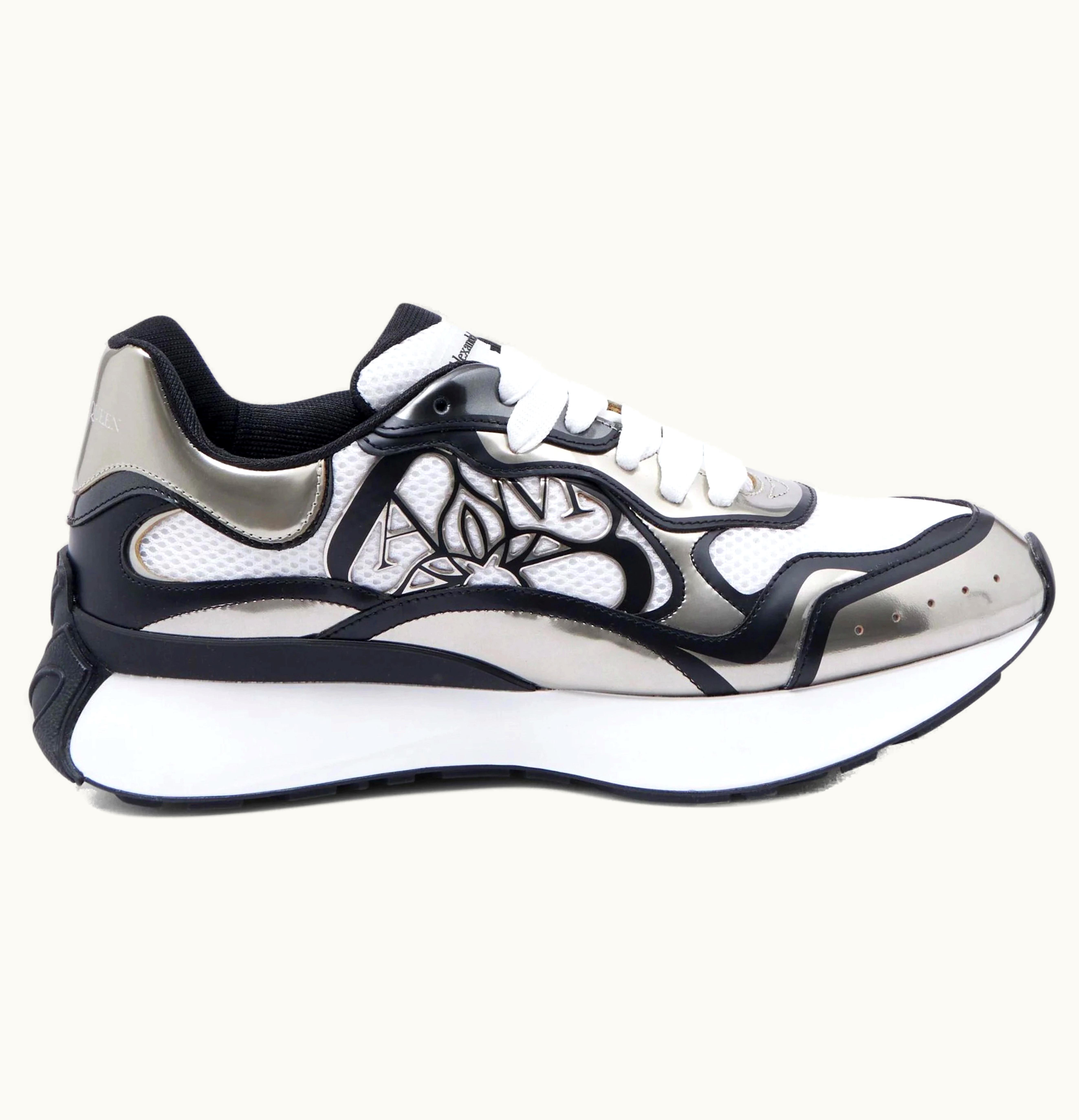 Alexander McQueen Sprint Runner Black White Silver Tone Seal