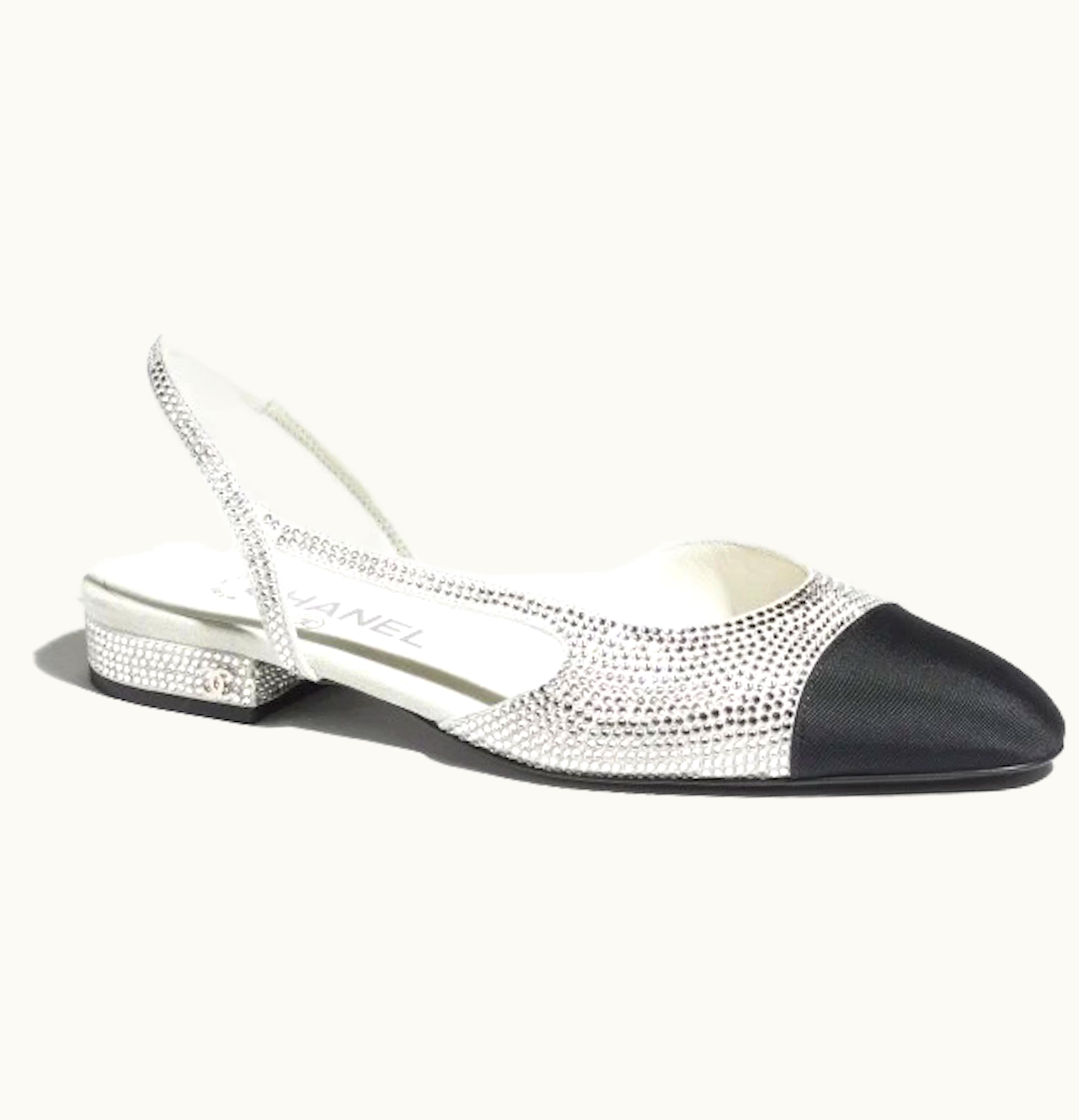 Chanel Strass 20mm Slingbacks Silver Black Grosgrain