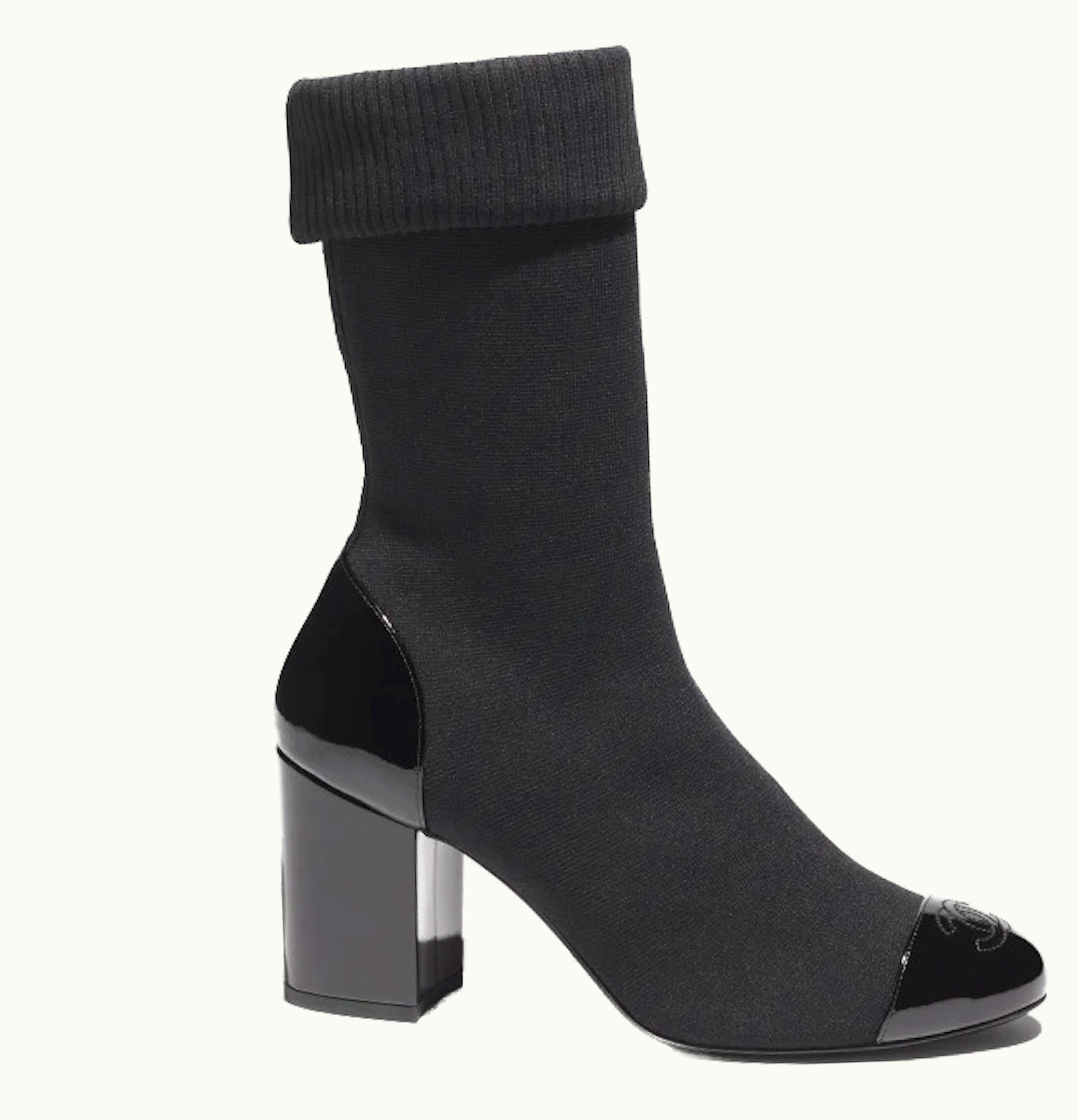 Chanel CC 80mm Ankle Boots Black Patent Knit