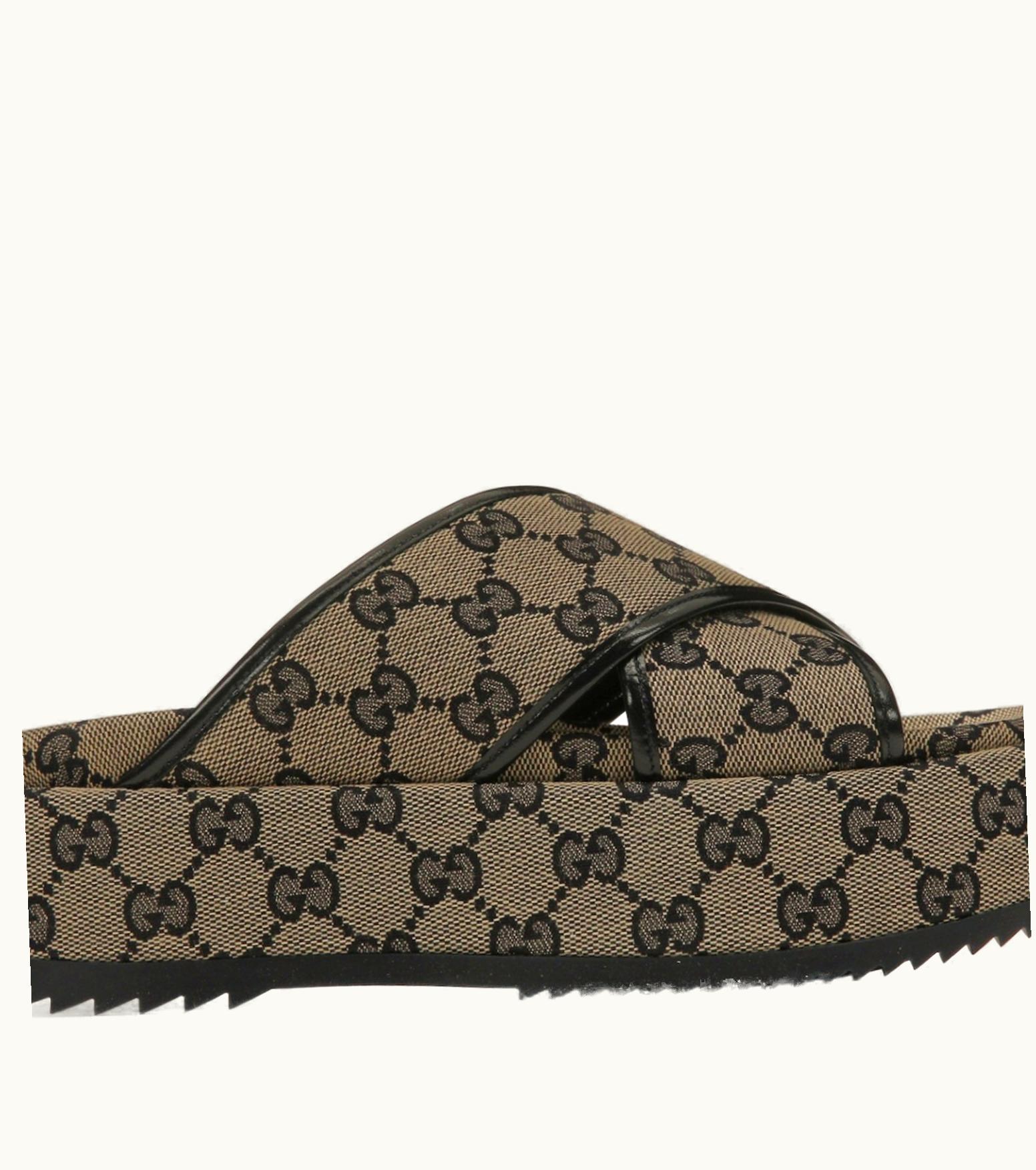 Gucci Gucci Platform Slide Sandal Beige Blue Original GG Canvas W