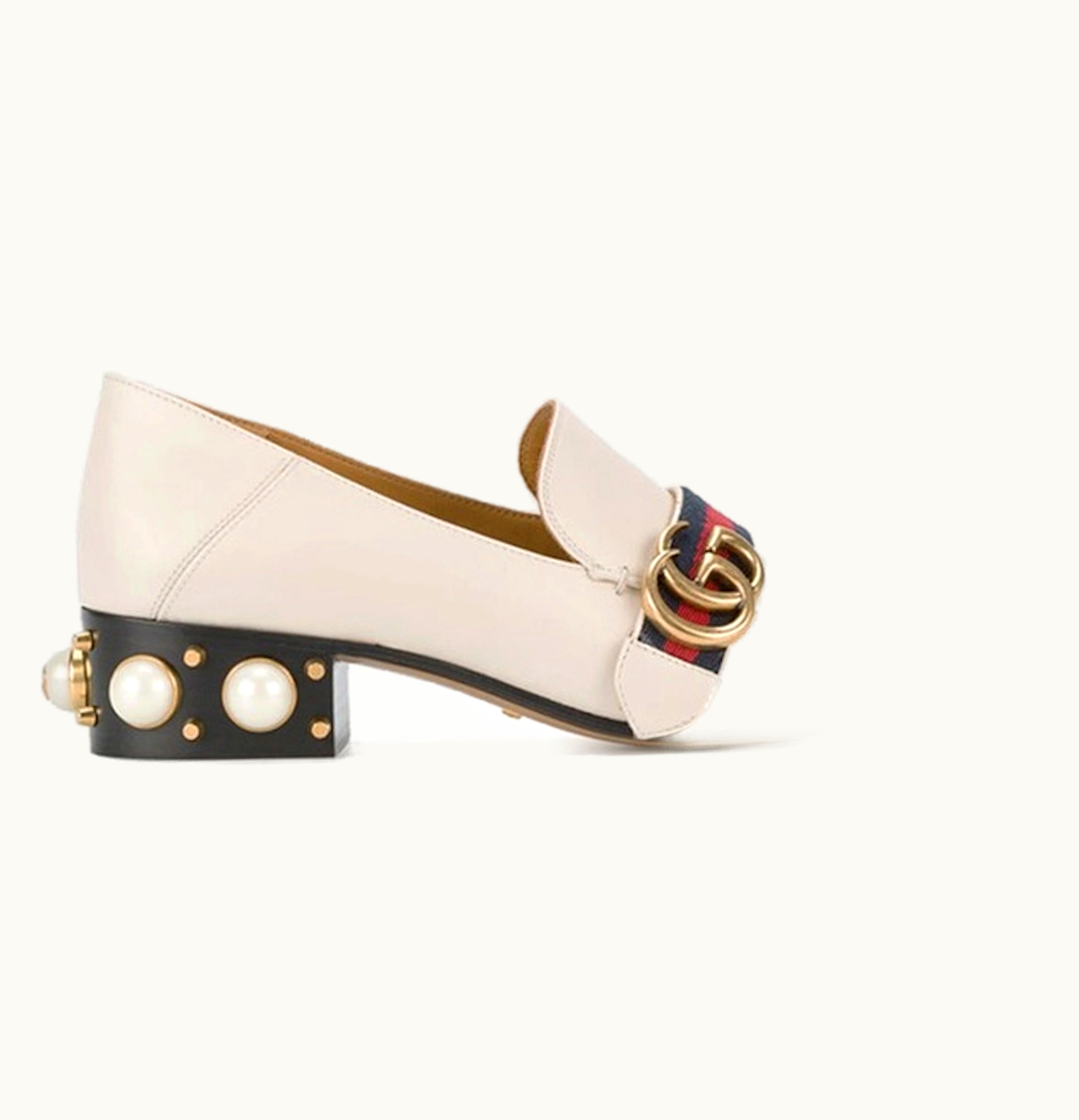 Gucci Leather Mid Heel Loafer White Womens