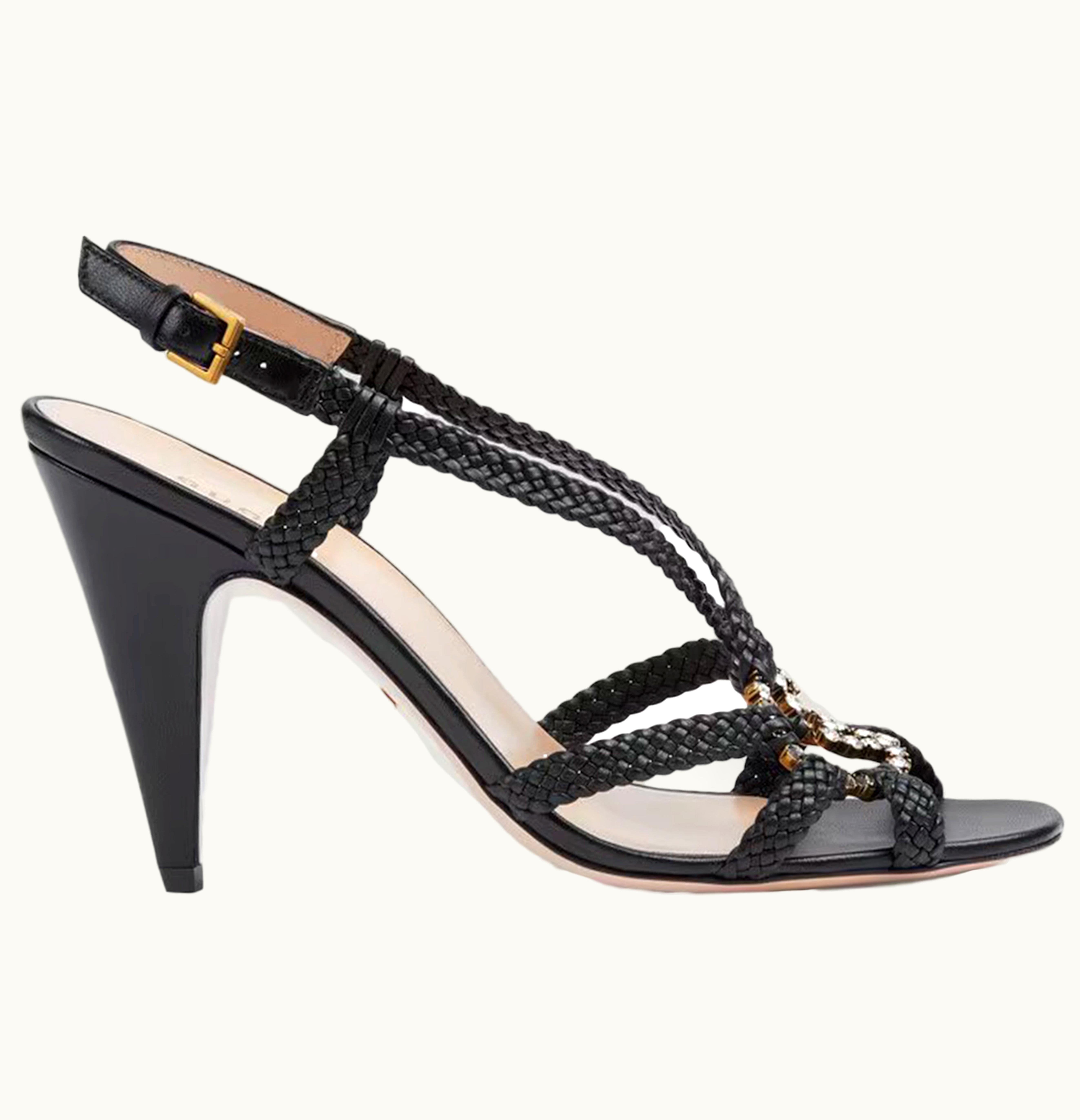 Gucci Crystal Interlocking G Heeled Sandals Black Braided Leather
