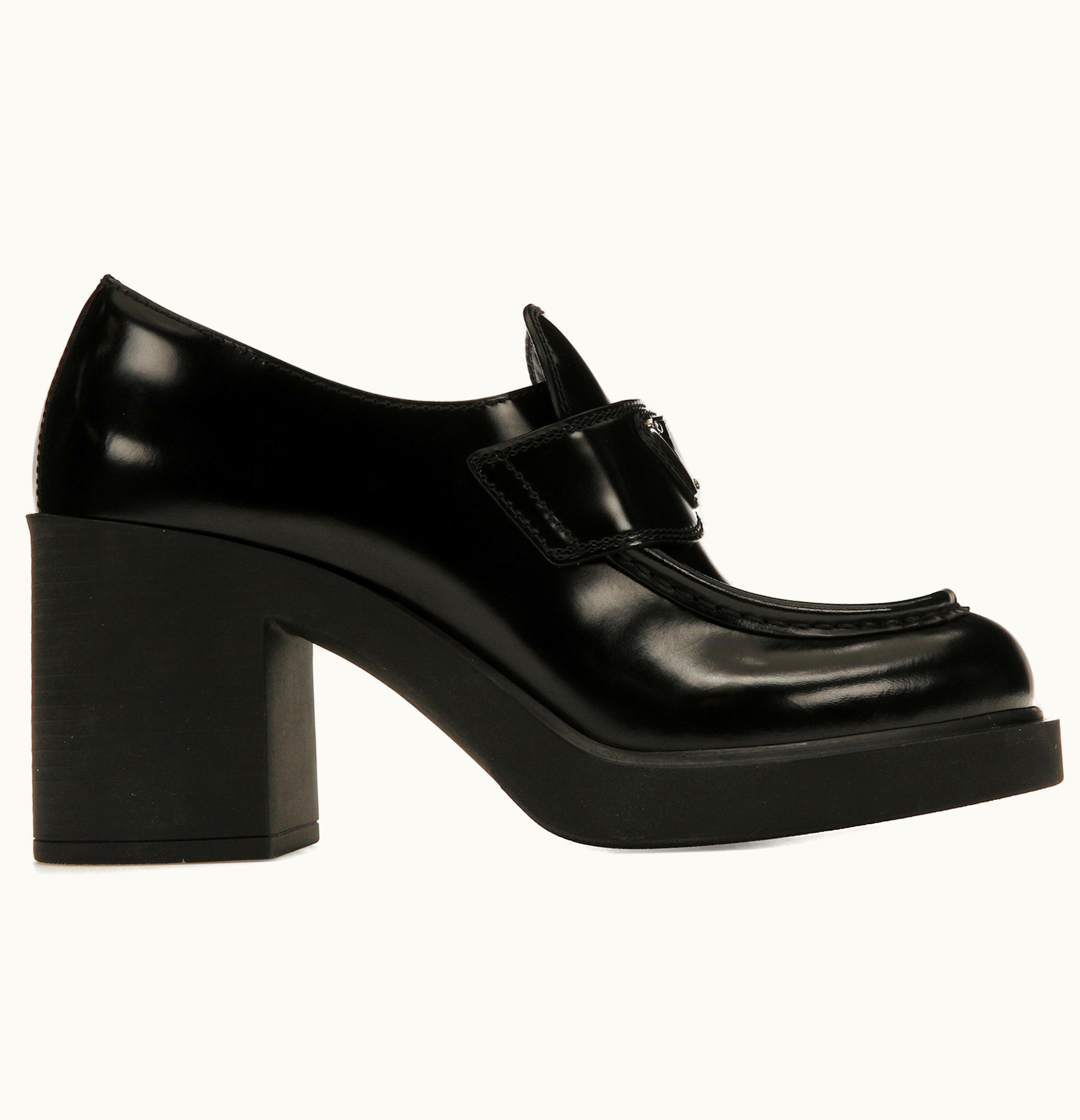 Prada Prada Chocolate High Heeled 85mm Loafers Black Brushed Leather