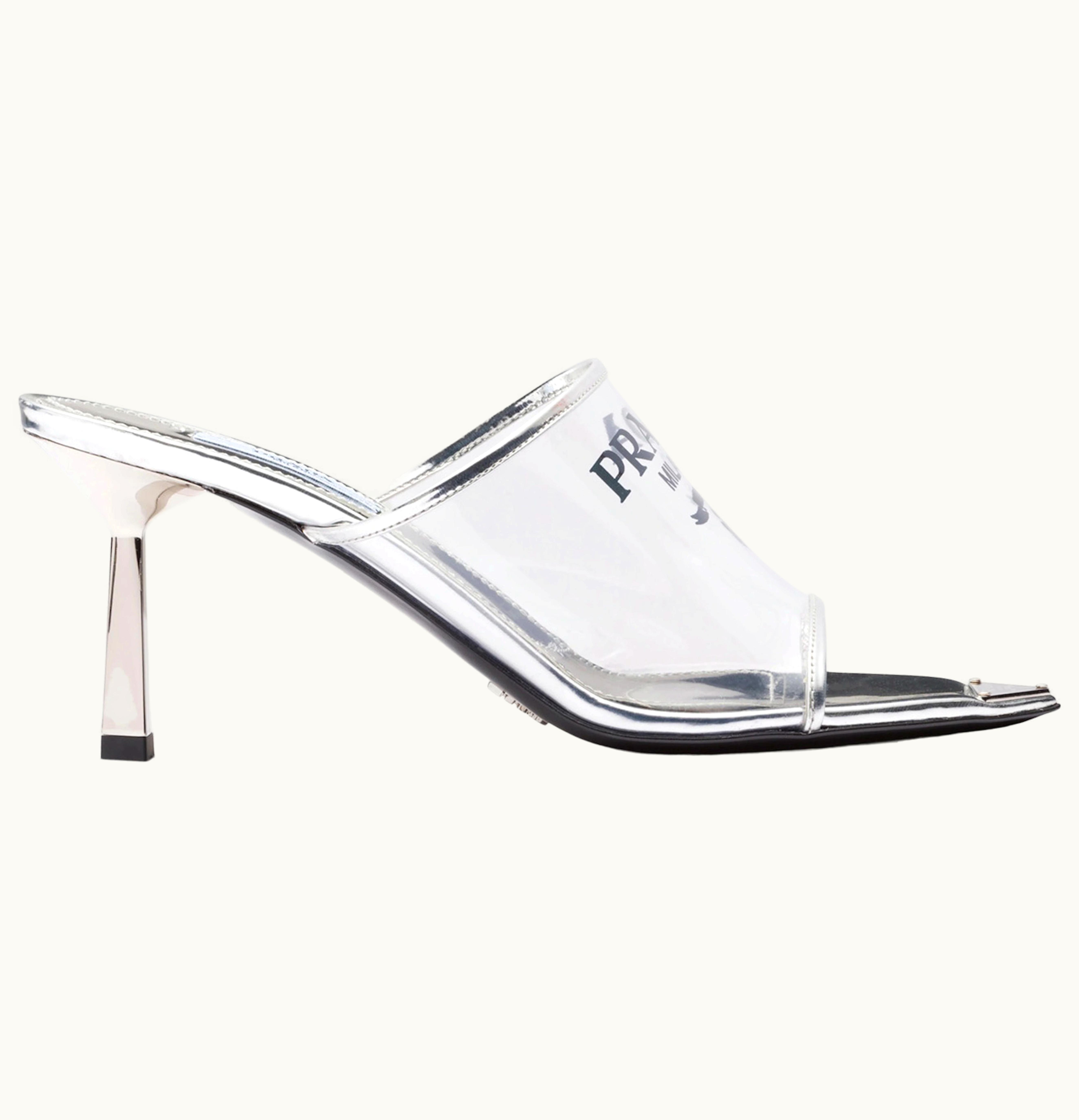 Prada Plexiglas 75mm Pointy High Heels Silver Leather