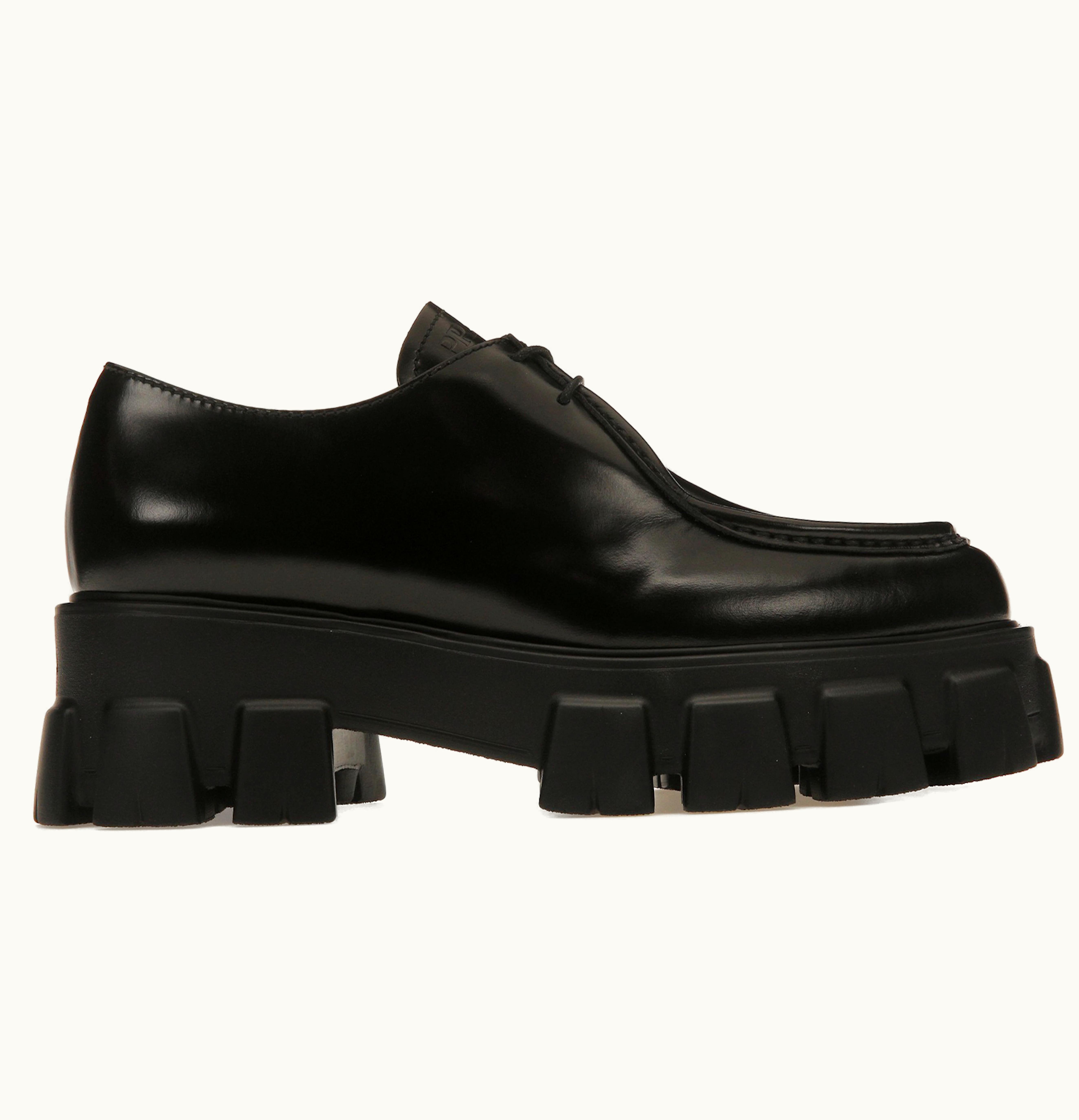 Prada Prada Monolith 55mm Pointy Lace Up Loafer Black Brushed Leather