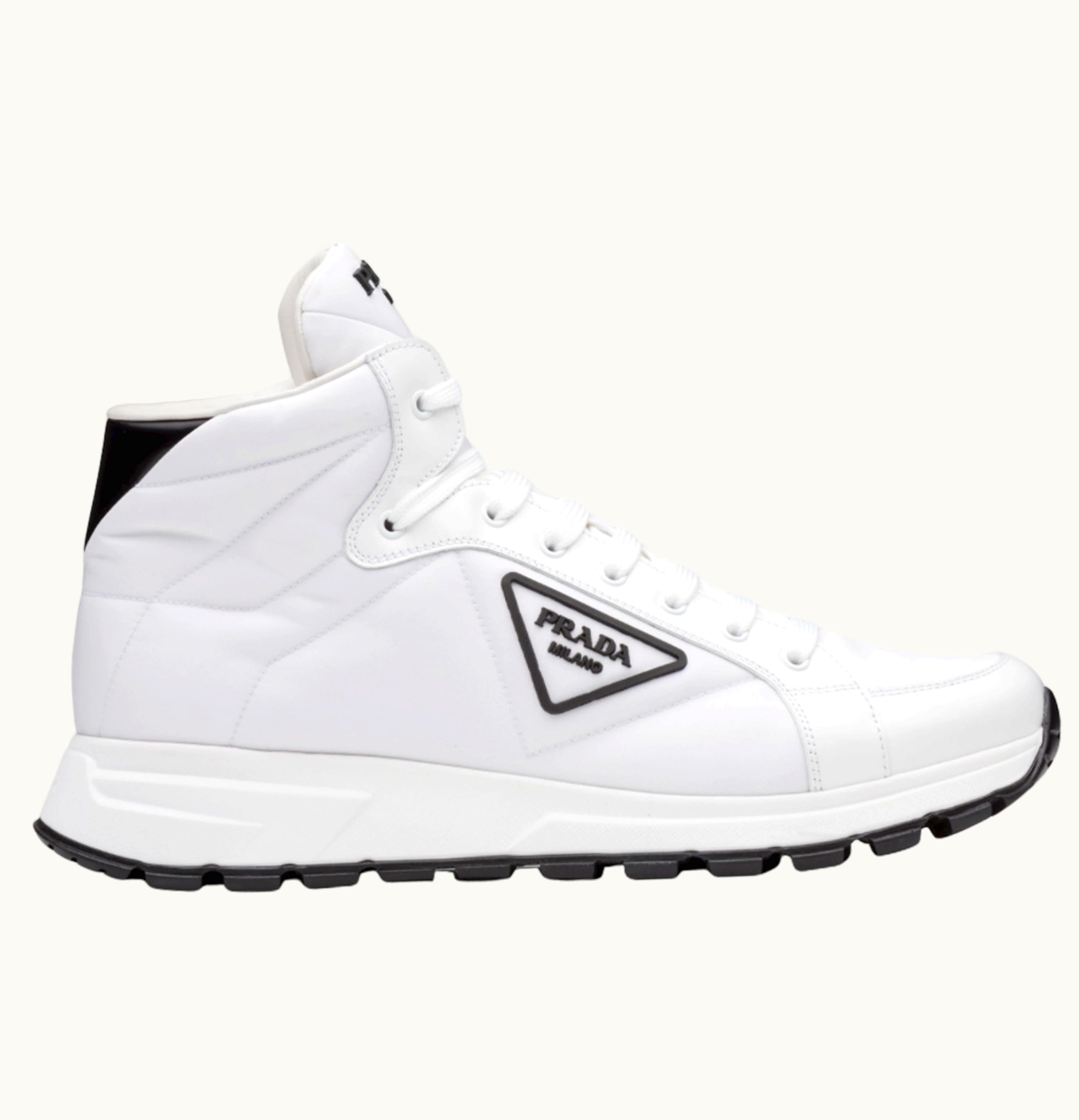 Prada Prada Prax 01 High Top Re Nylon And Brushed Leather White Black