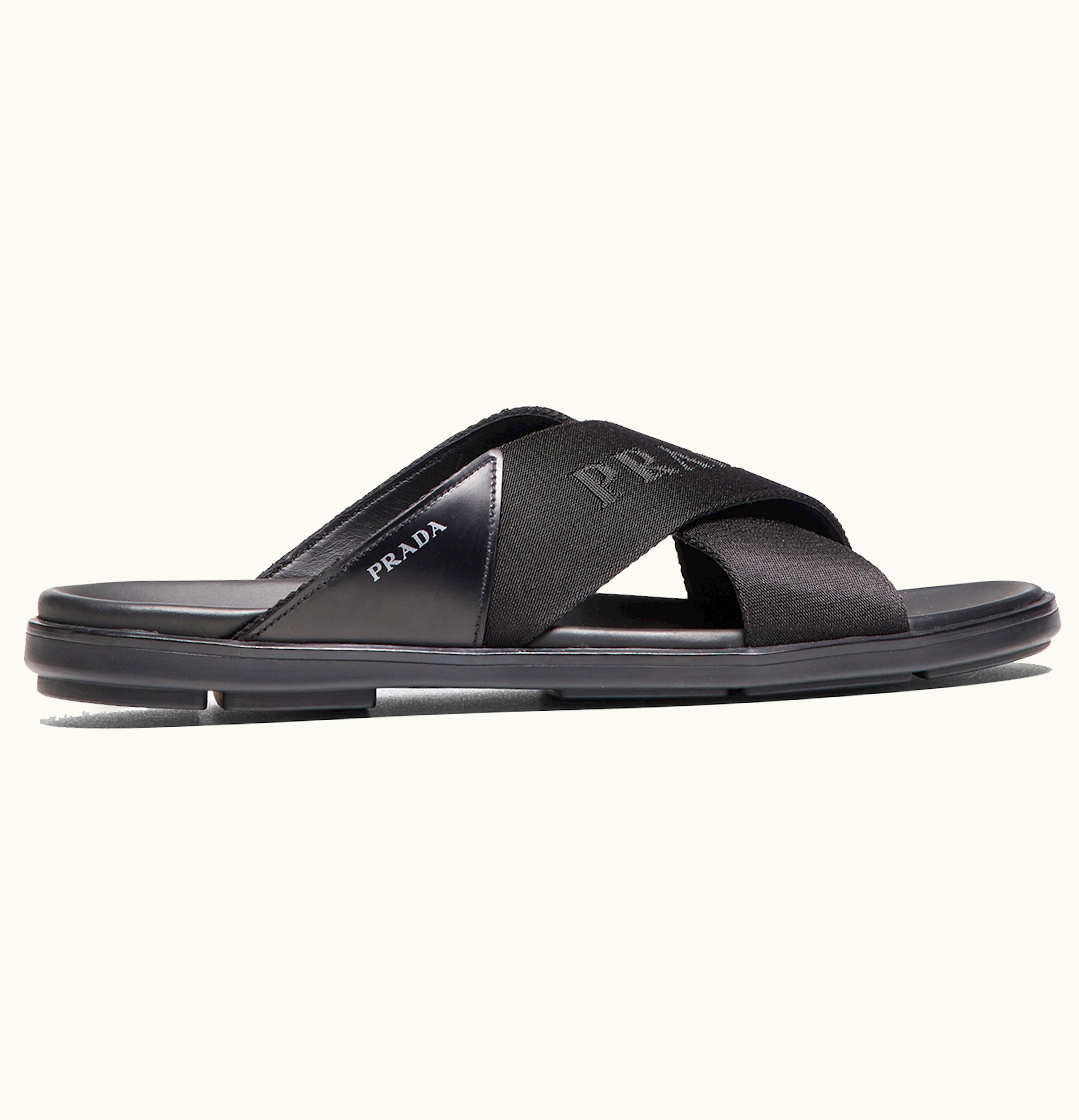 Prada Prada Nylon Tape Crisscross Slides Black Leather Mens