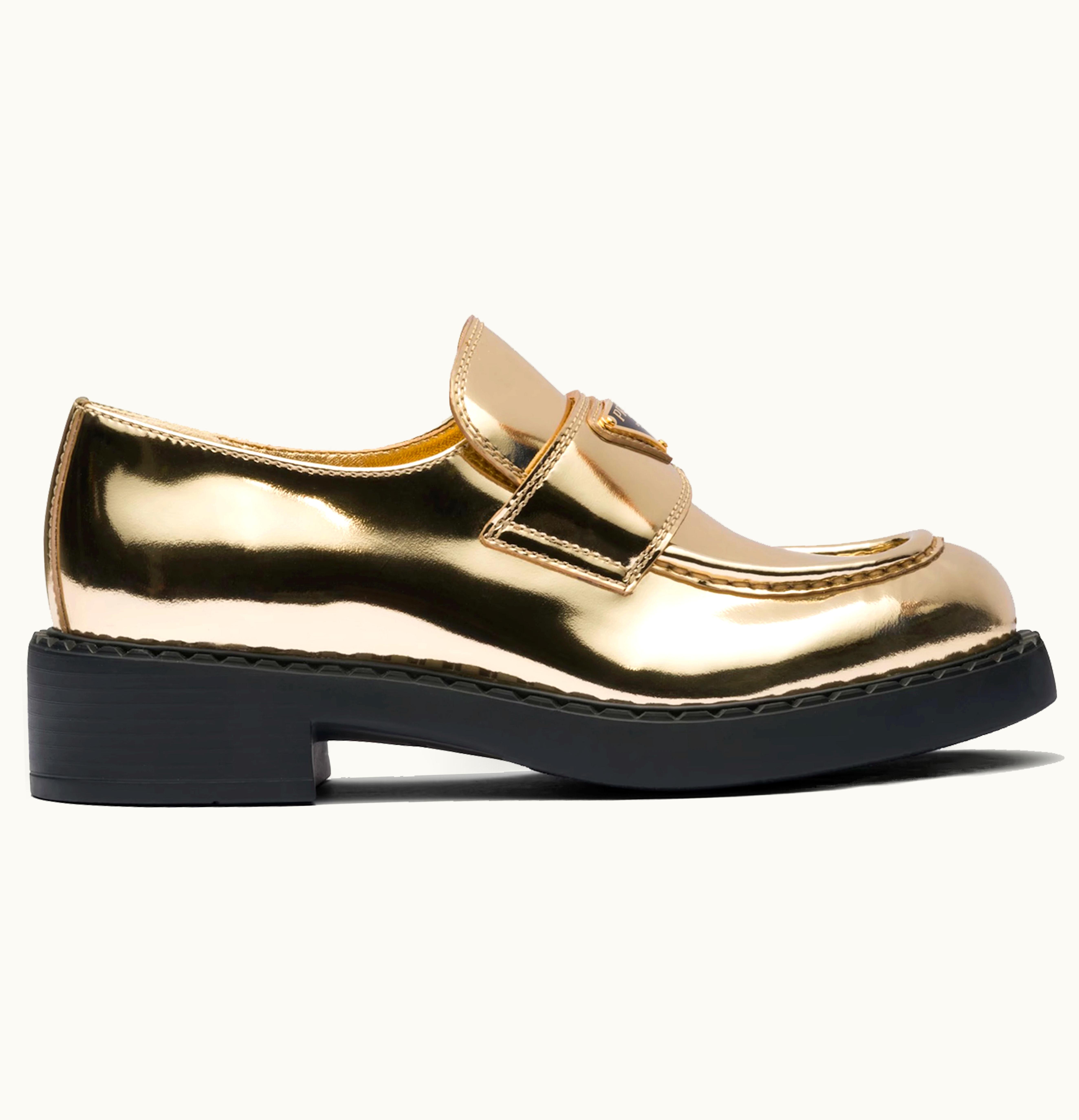 Prada Metallic 50mm Loafers Platinum Gold Leather