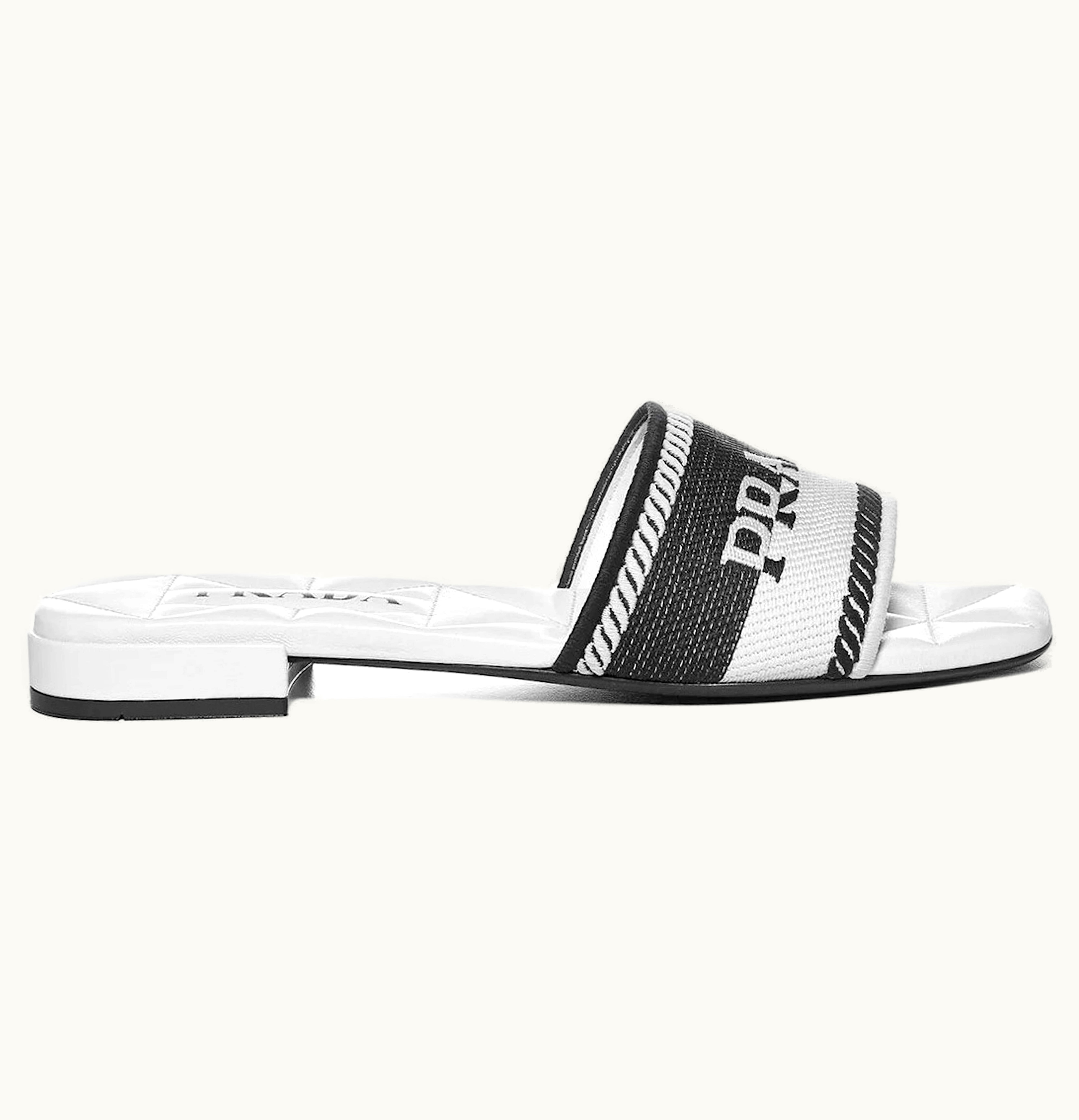 Prada Logo Embroidered Sandals White Black Cotton