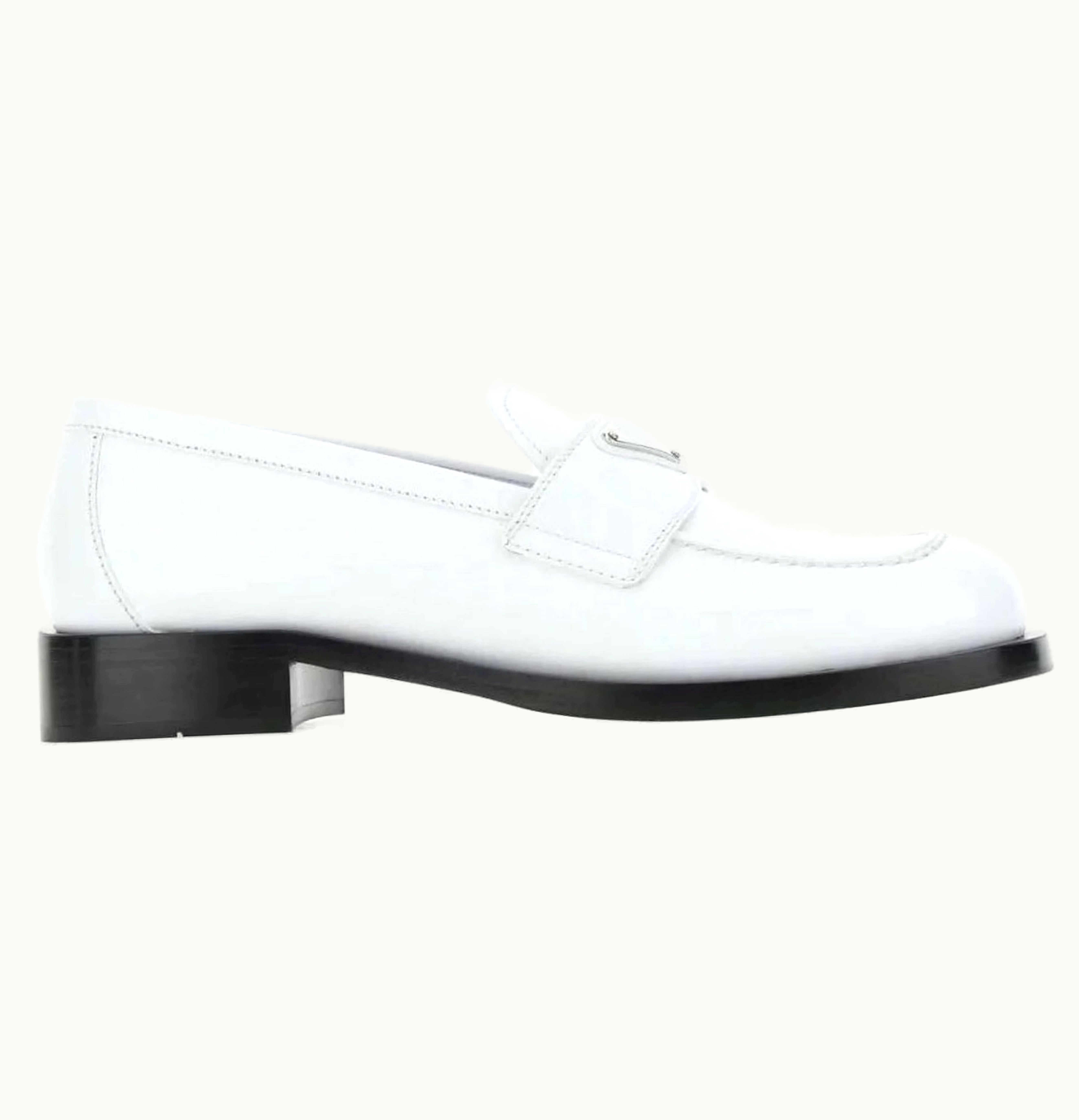 Prada Logo Plaque Brushed Loafers White Leather