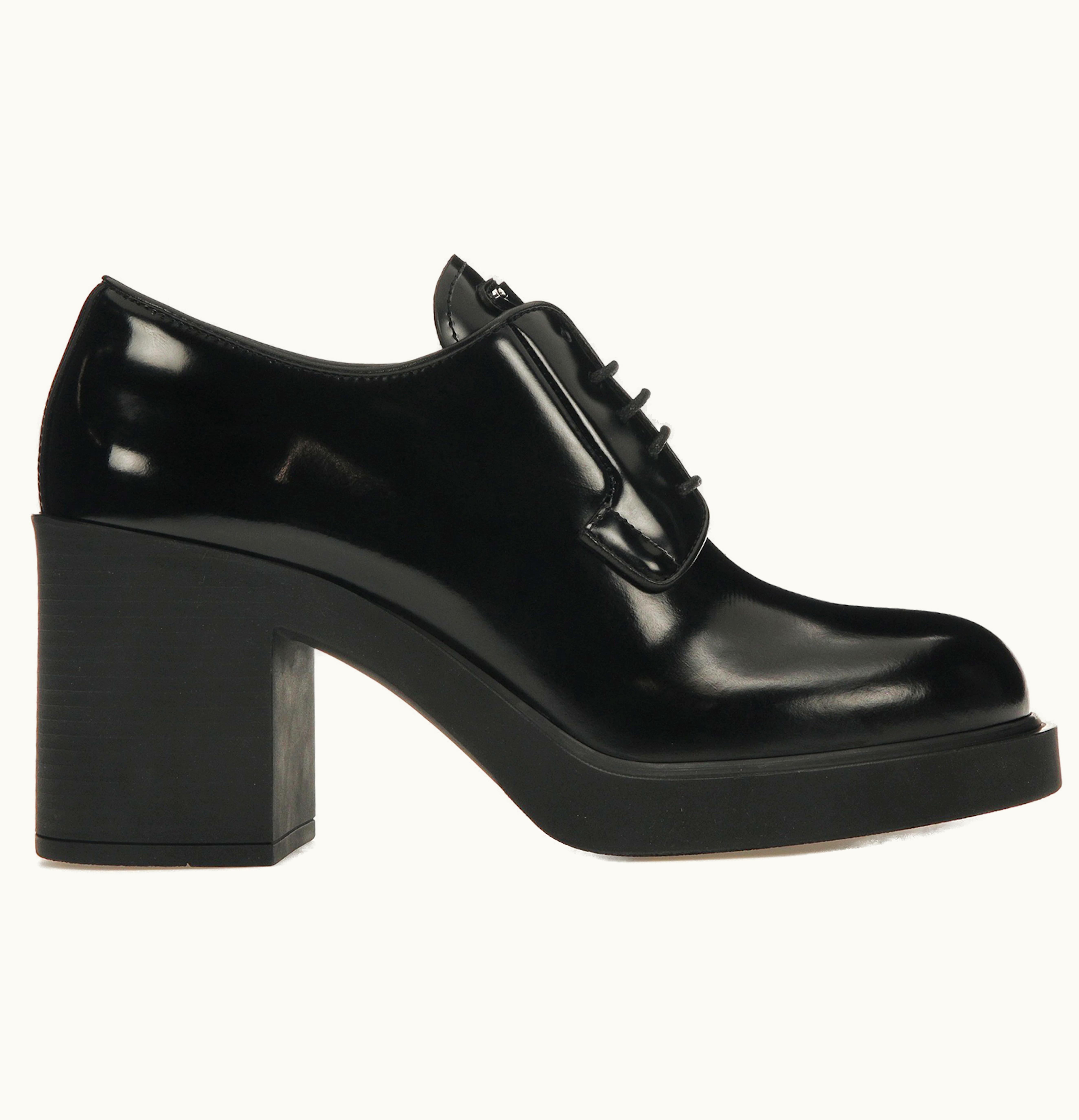 Prada Lace Up 85mm Heels Black Brushed Leather