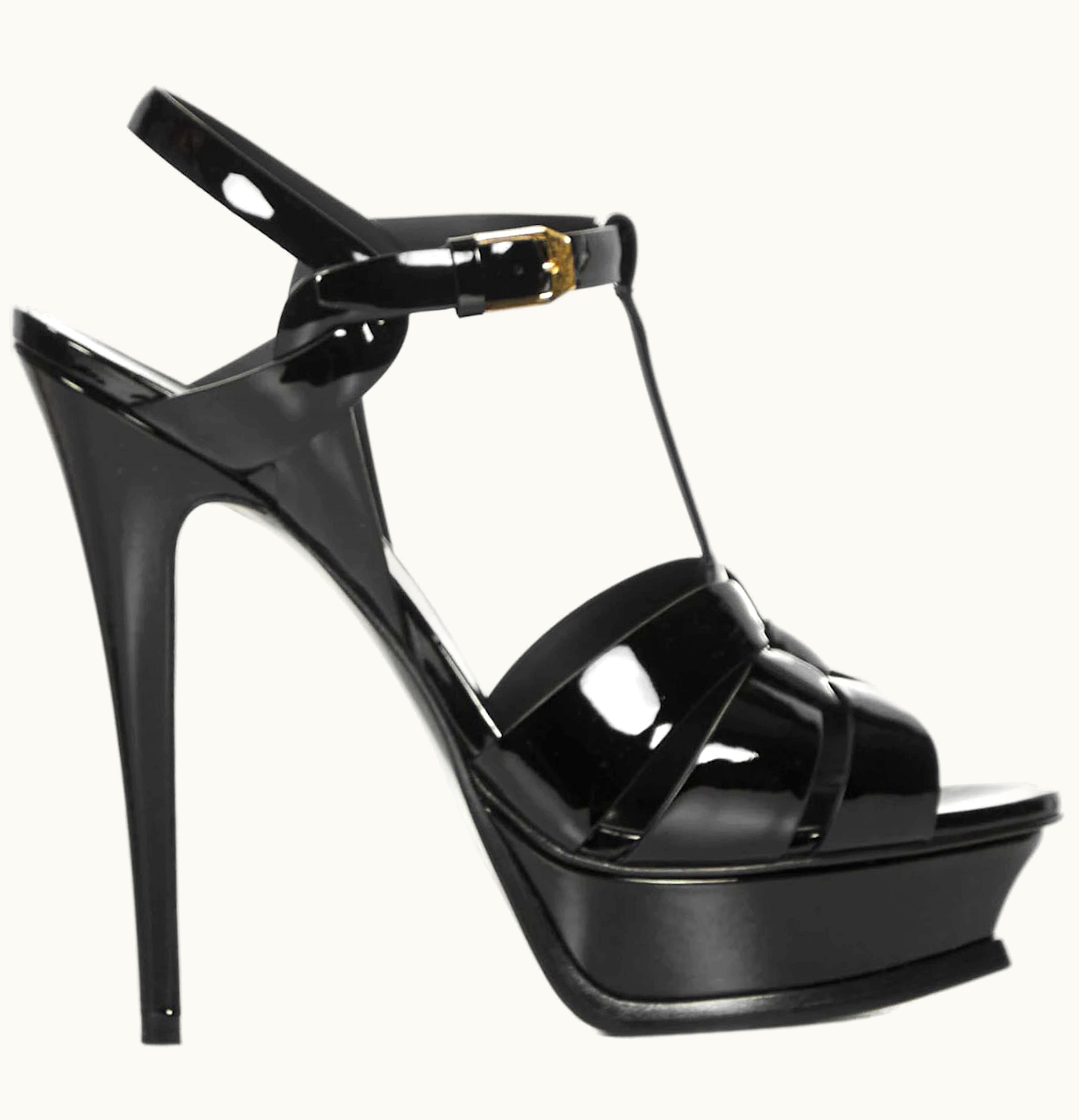 Saint Laurent Tribute Platform Sandal Heels Black Patent Leather