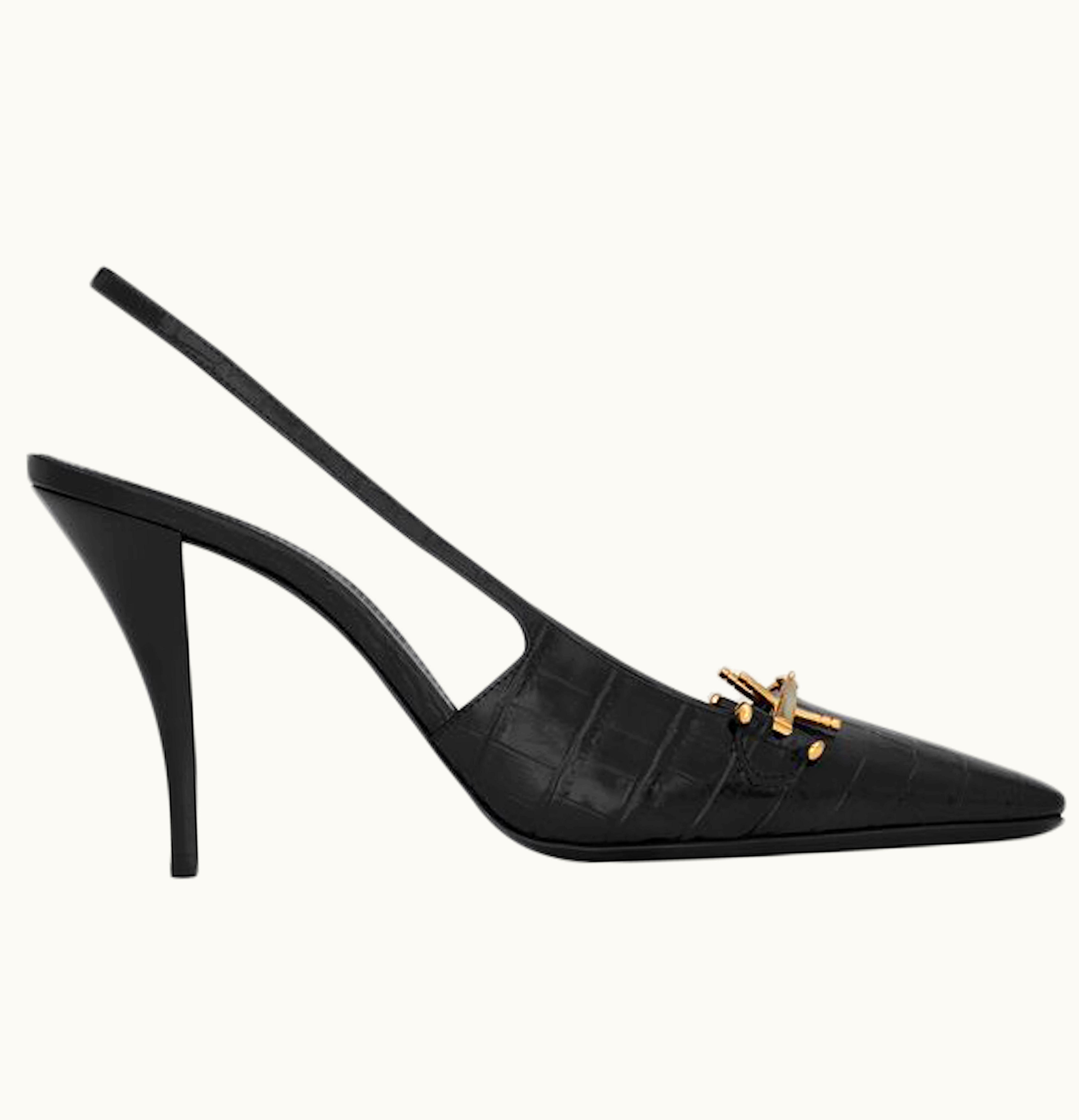 Saint Laurent Blade Slingback Pump Black Crocodile Embossed Patent Leather