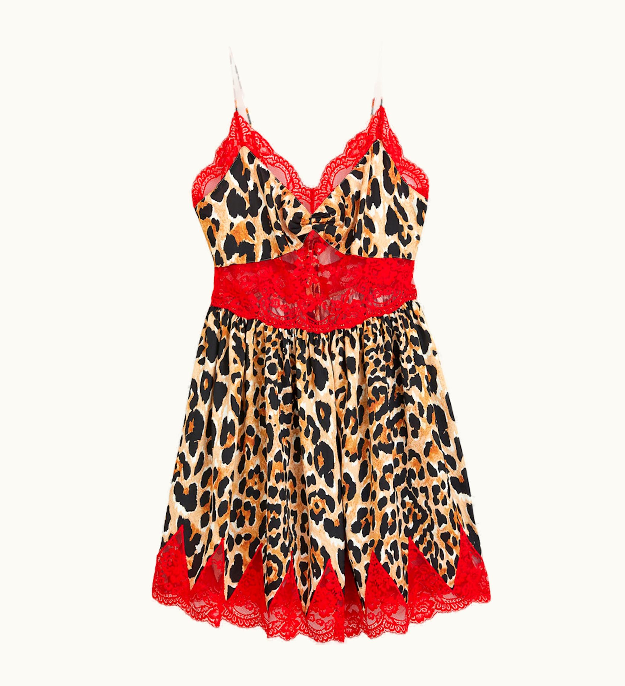 Rabanne Rabanne HM Lace Trimmed Satin Slip Dress Leopard Print