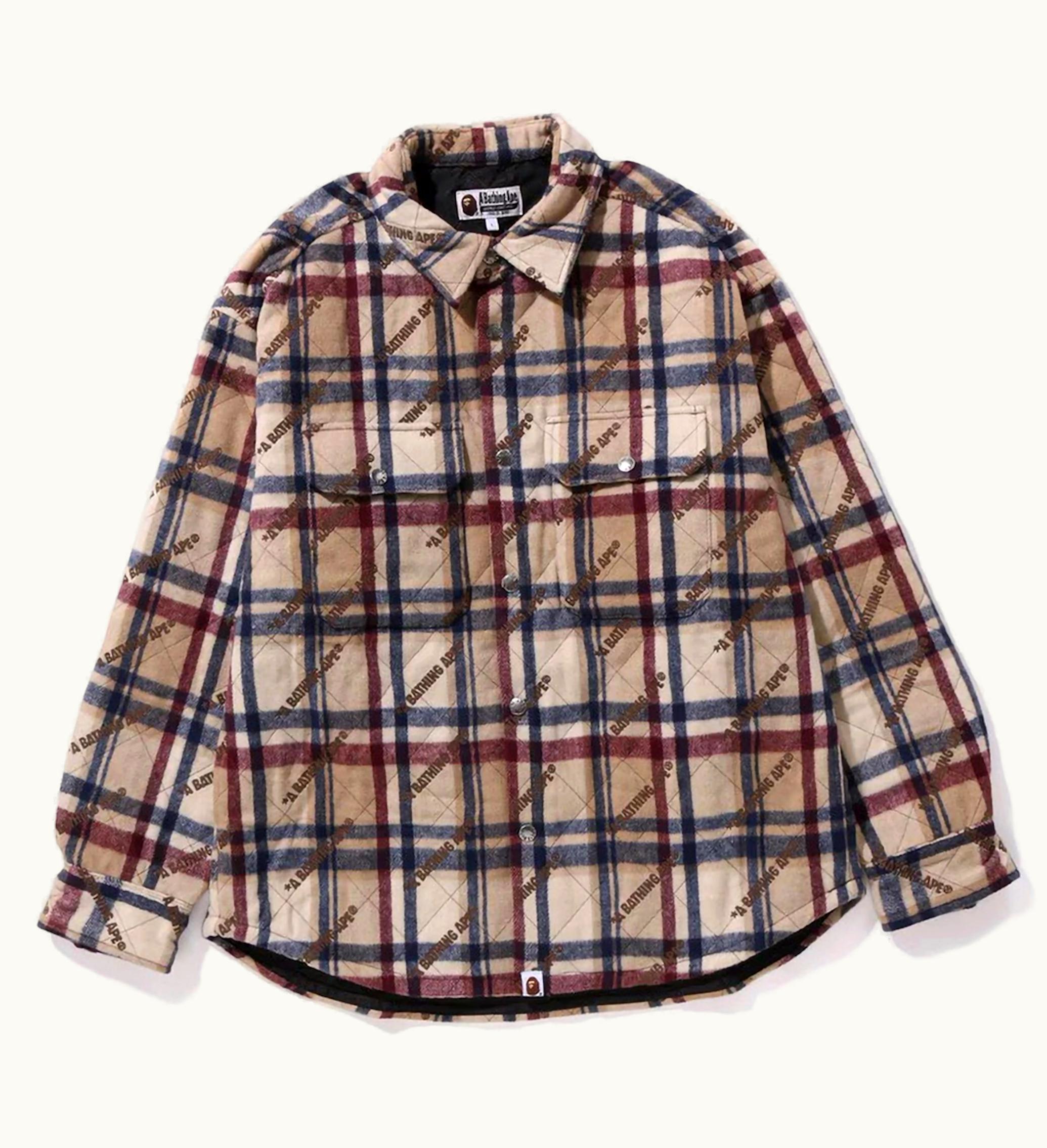 BAPE BAPE A Bathing Ape Logo Check Pattern Padded Flannel Shirt Jacket Beige