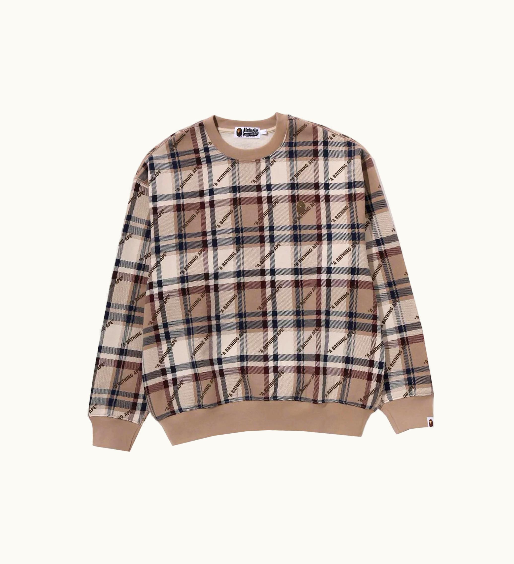 BAPE BAPE A Bathing Ape Logo Check Pattern Crewneck Beige