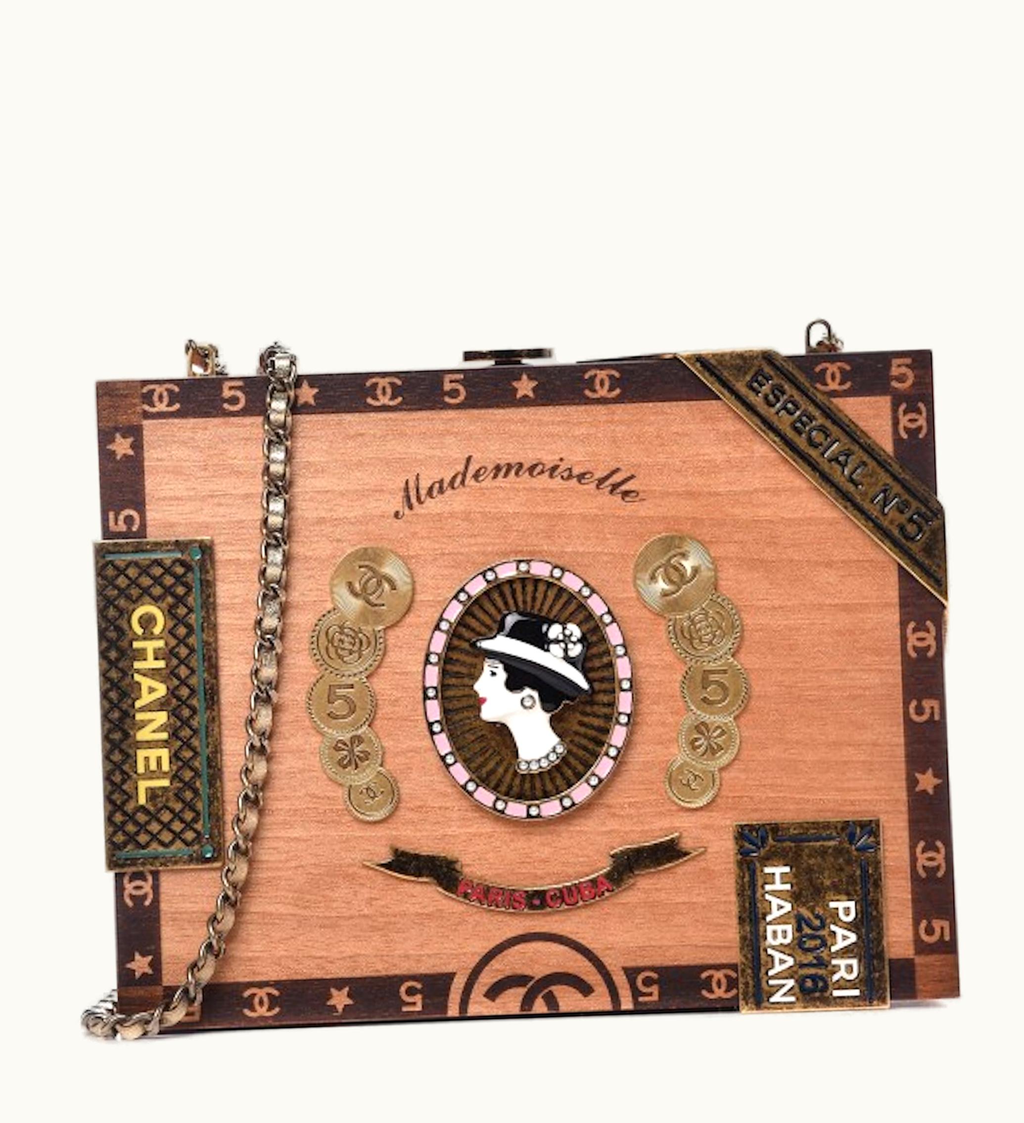 Chanel Chanel Havana By Night Cigar Box Minaudiere Wood Aged Gold Tone Brown Multicolor